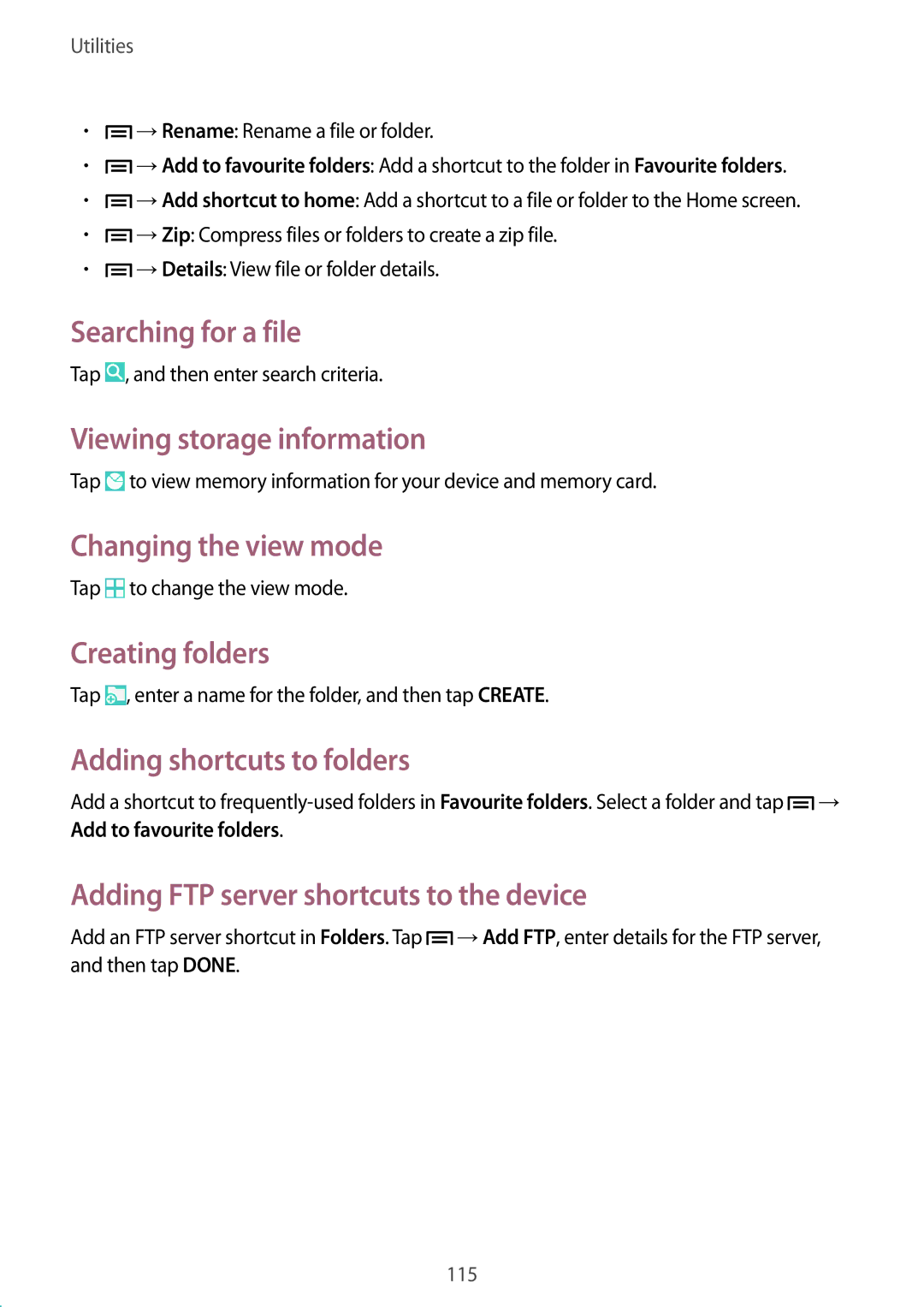 Samsung SM-P6010ZKEMGF manual Searching for a file, Viewing storage information, Changing the view mode, Creating folders 