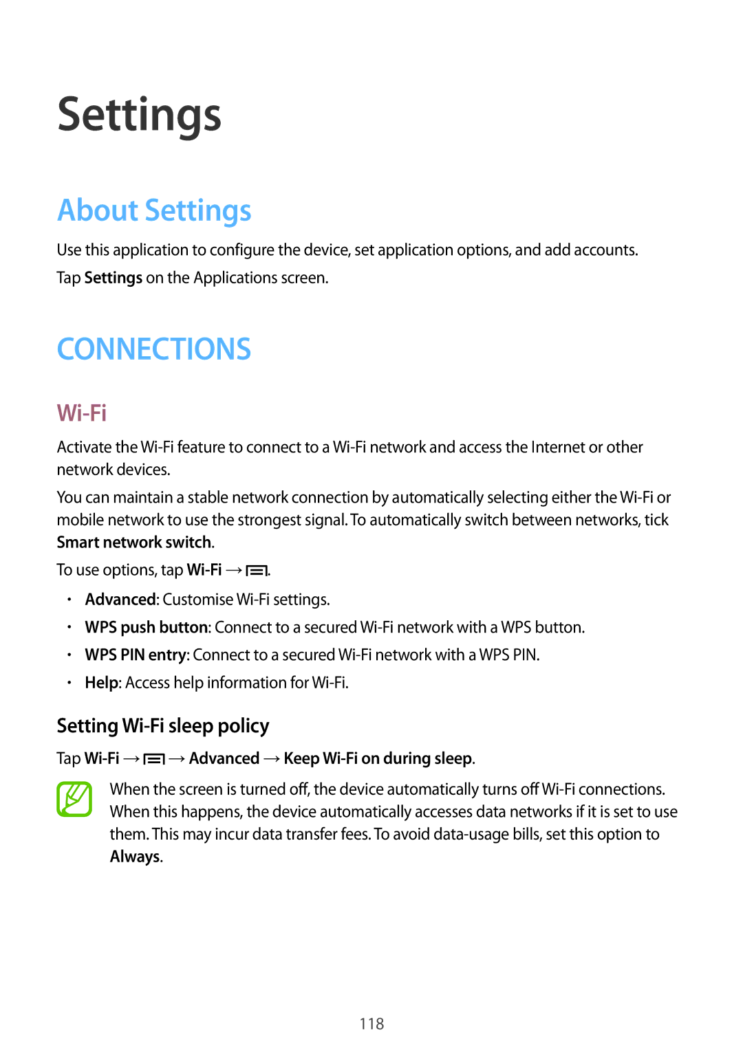 Samsung SM-P6010ZWEMGF, SM-P6010ZKAXXV, SM-P6010ZWAXXV, SM-P6010ZKESER About Settings, Setting Wi-Fi sleep policy 