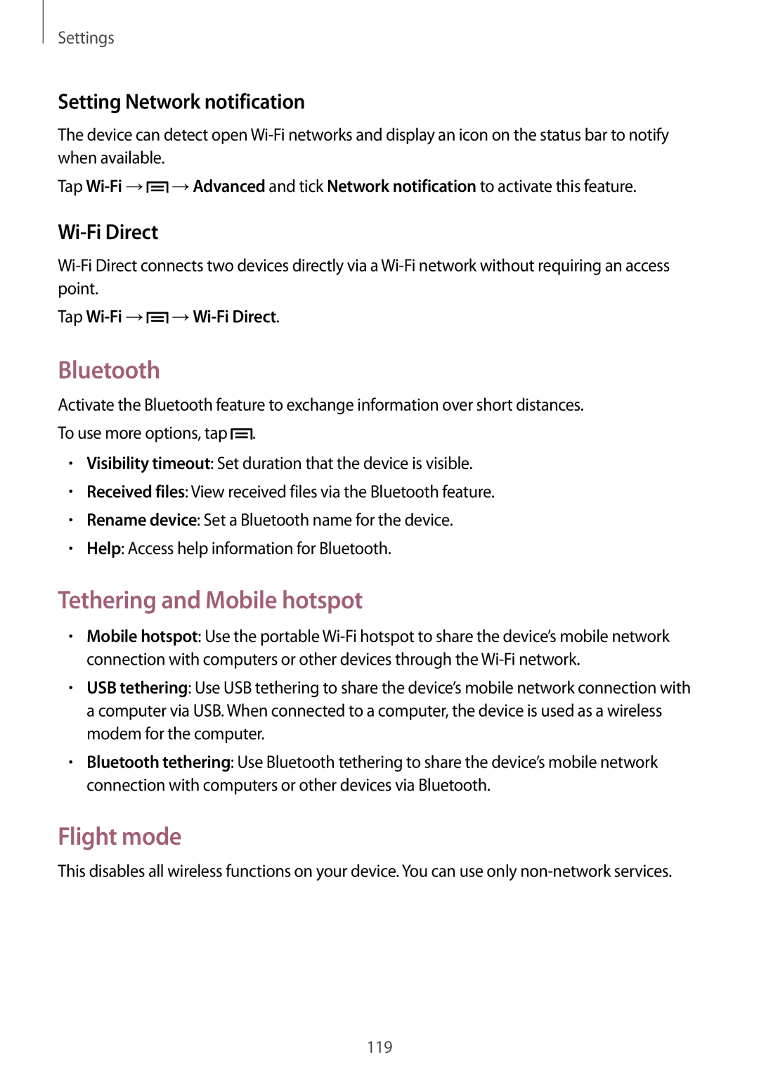 Samsung SM-P6010ZWASER Bluetooth, Tethering and Mobile hotspot, Flight mode, Setting Network notification, Wi-Fi Direct 