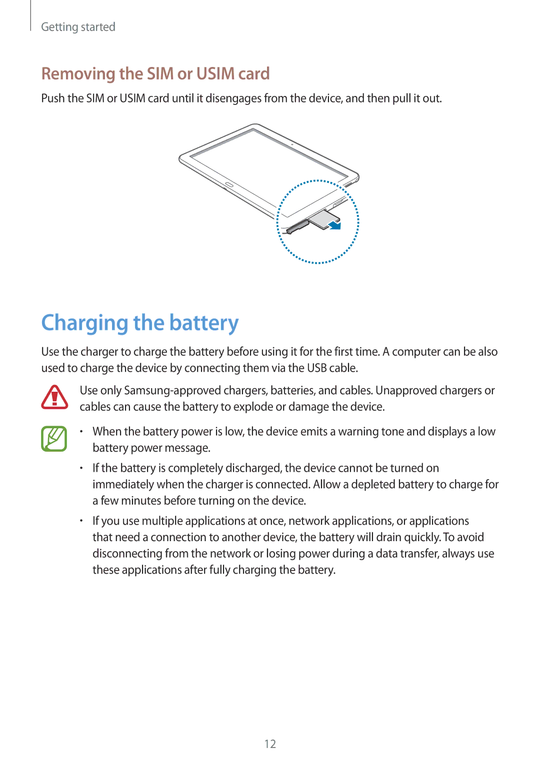 Samsung SM-P6010ZKESER, SM-P6010ZKAXXV, SM-P6010ZWAXXV, SM-P6010ZKAMGF Charging the battery, Removing the SIM or Usim card 