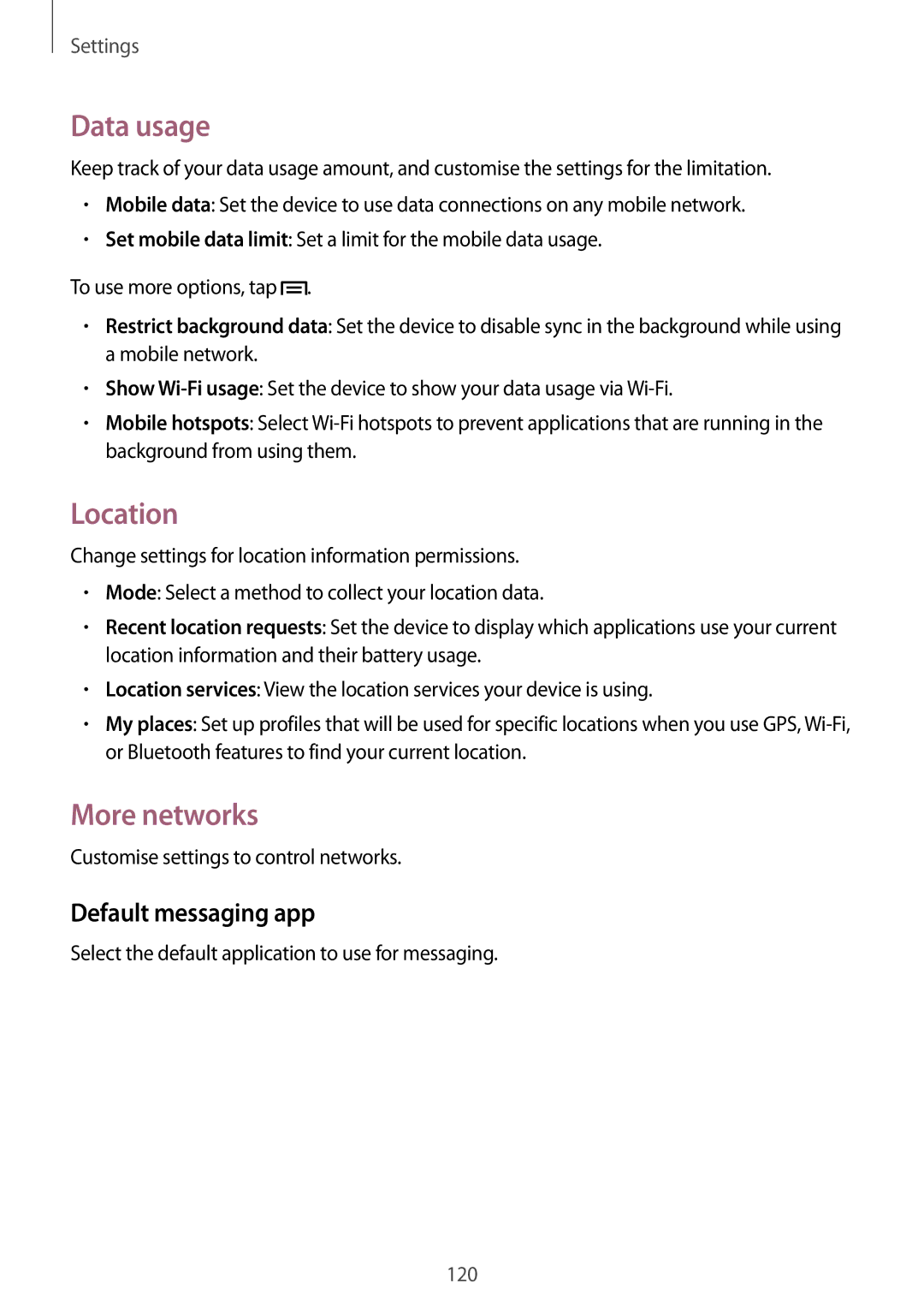 Samsung SM-P6010ZKAXXV, SM-P6010ZWAXXV, SM-P6010ZKESER manual Data usage, Location, More networks, Default messaging app 