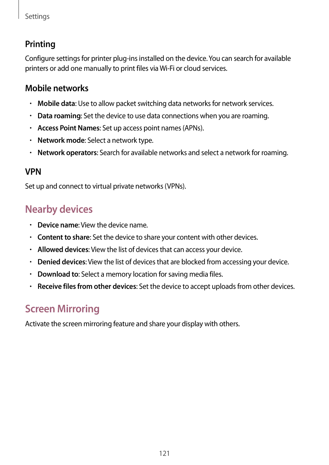 Samsung SM-P6010ZWAXXV, SM-P6010ZKAXXV, SM-P6010ZKESER manual Nearby devices, Screen Mirroring, Printing, Mobile networks 