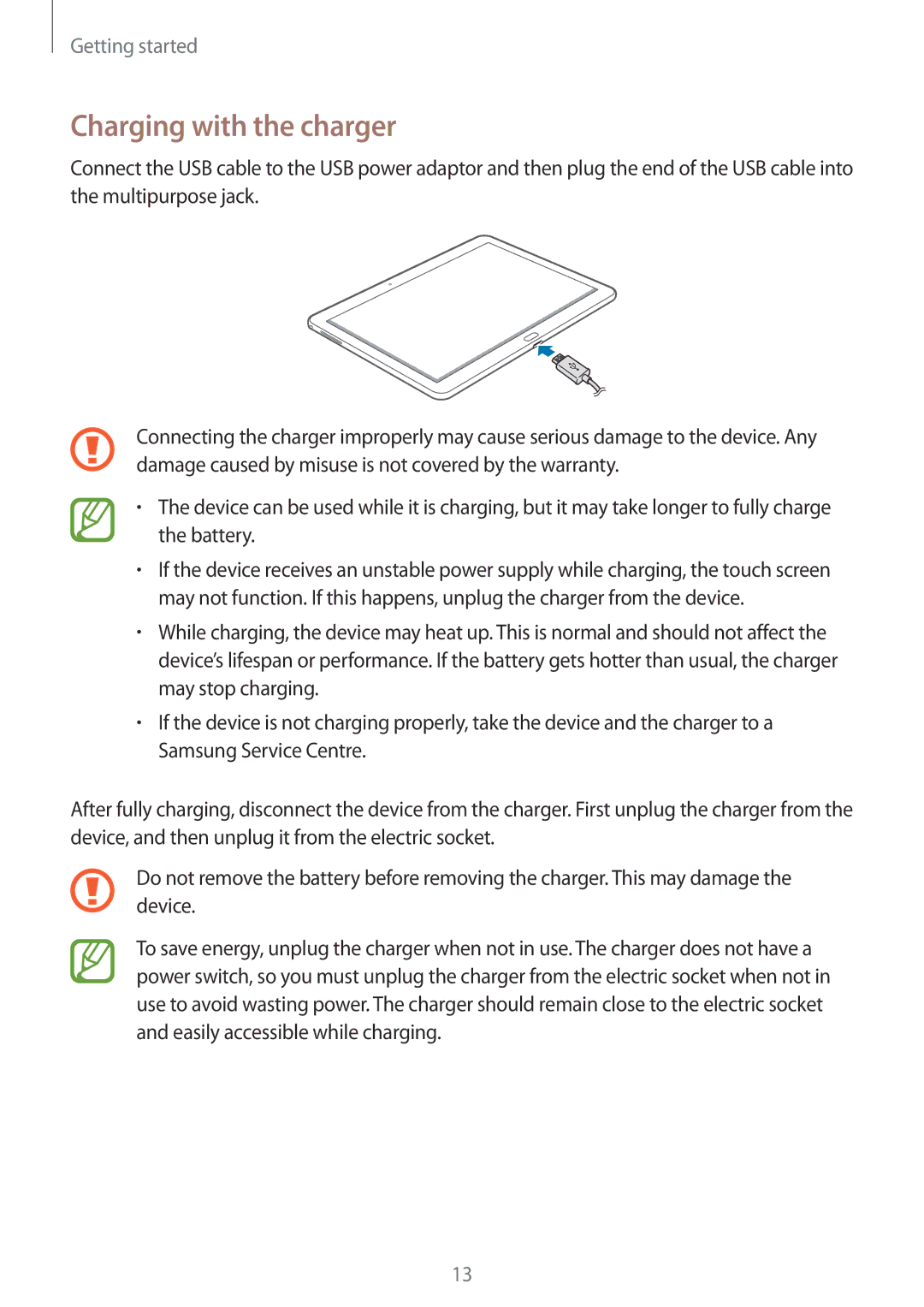 Samsung SM-P6010ZKAMGF, SM-P6010ZKAXXV, SM-P6010ZWAXXV, SM-P6010ZKESER, SM-P6010ZKASER manual Charging with the charger 