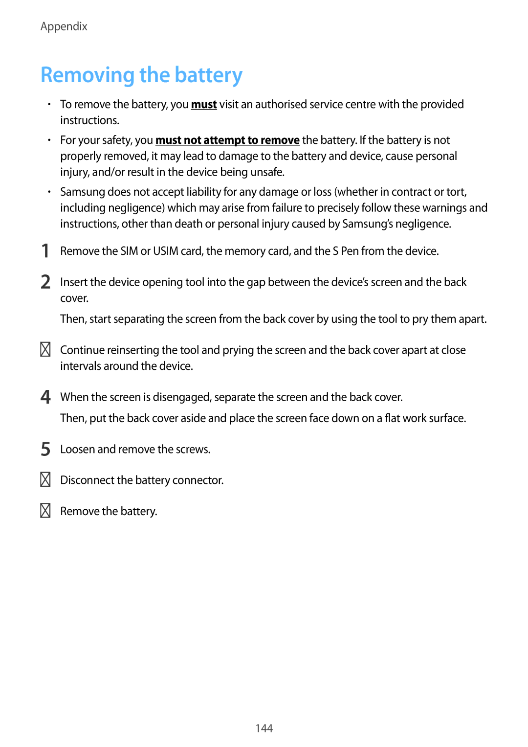 Samsung SM-P6010ZKASER, SM-P6010ZKAXXV, SM-P6010ZWAXXV, SM-P6010ZKESER, SM-P6010ZKAMGF manual Removing the battery, 144 