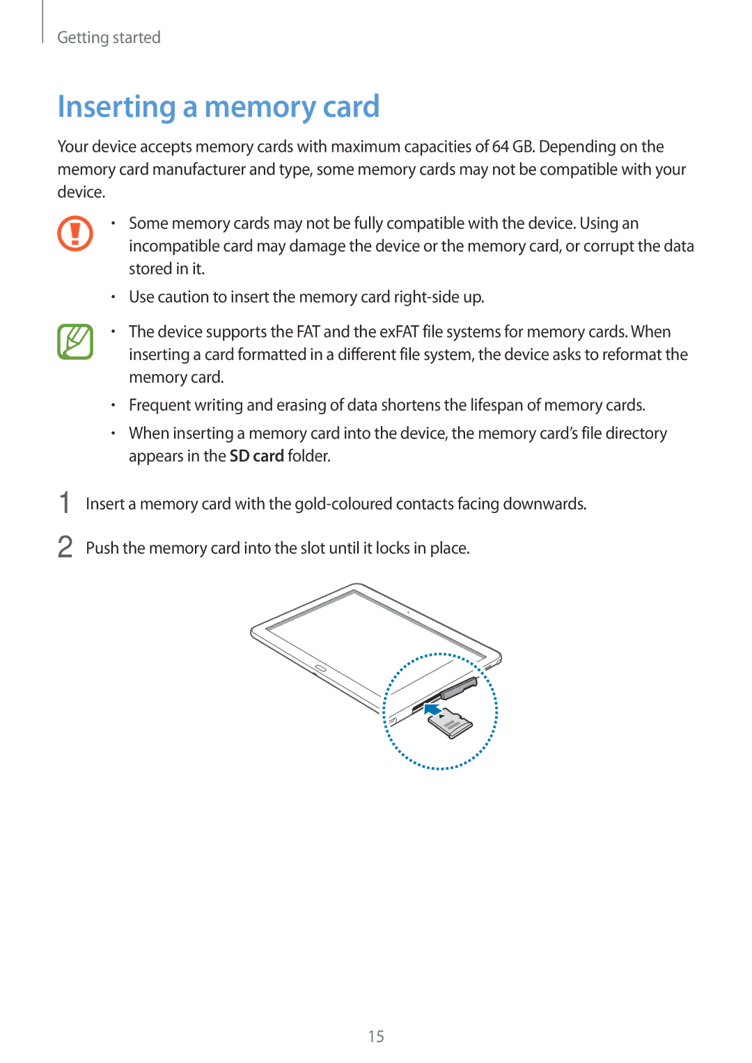 Samsung SM-P6010ZKEMGF, SM-P6010ZKAXXV, SM-P6010ZWAXXV, SM-P6010ZKESER, SM-P6010ZKAMGF, SM-P6010ZKASER Inserting a memory card 