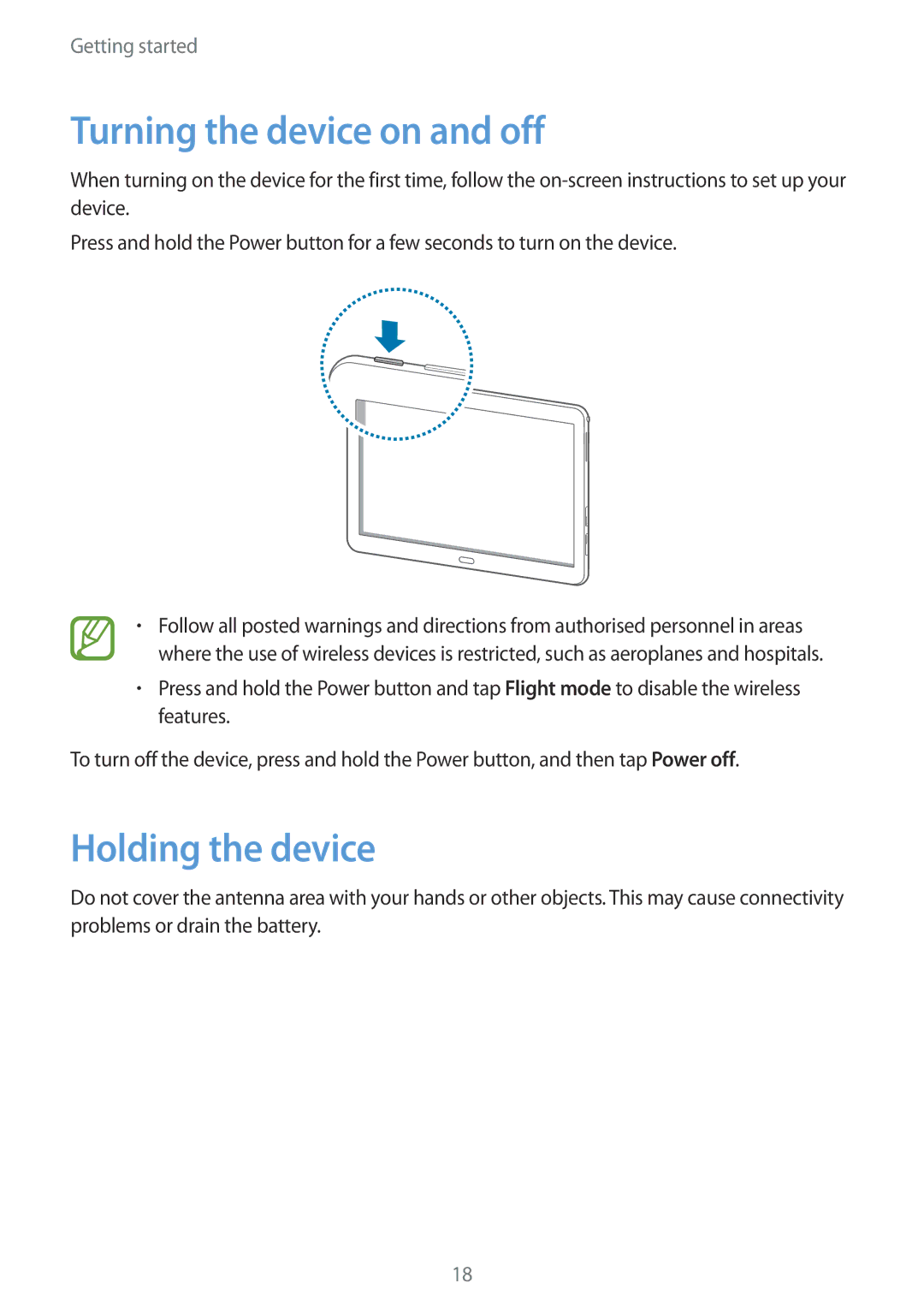 Samsung SM-P6010ZWEMGF, SM-P6010ZKAXXV, SM-P6010ZWAXXV, SM-P6010ZKESER Turning the device on and off, Holding the device 