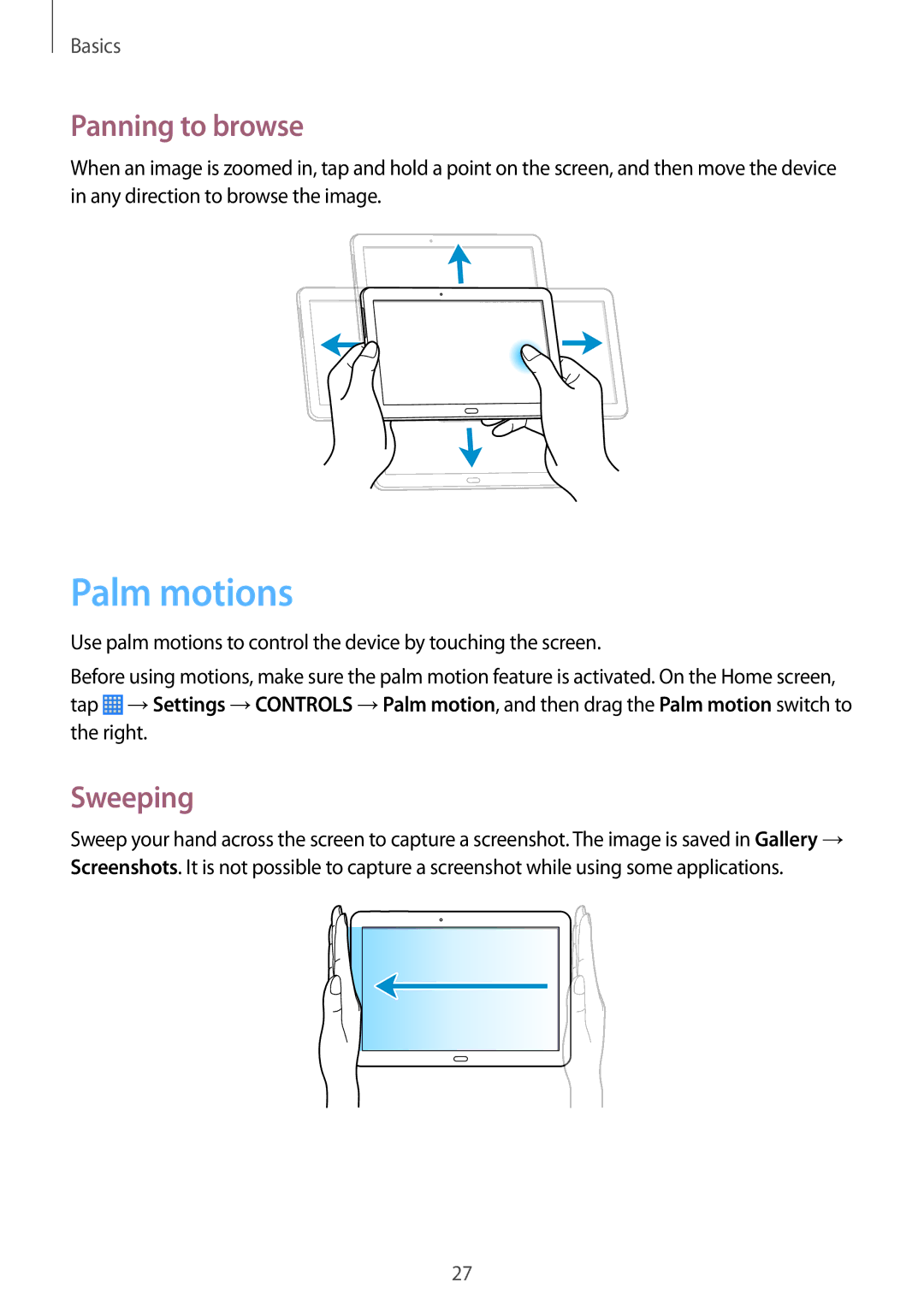 Samsung SM-P6010ZWESER, SM-P6010ZKAXXV, SM-P6010ZWAXXV, SM-P6010ZKESER manual Palm motions, Panning to browse, Sweeping 