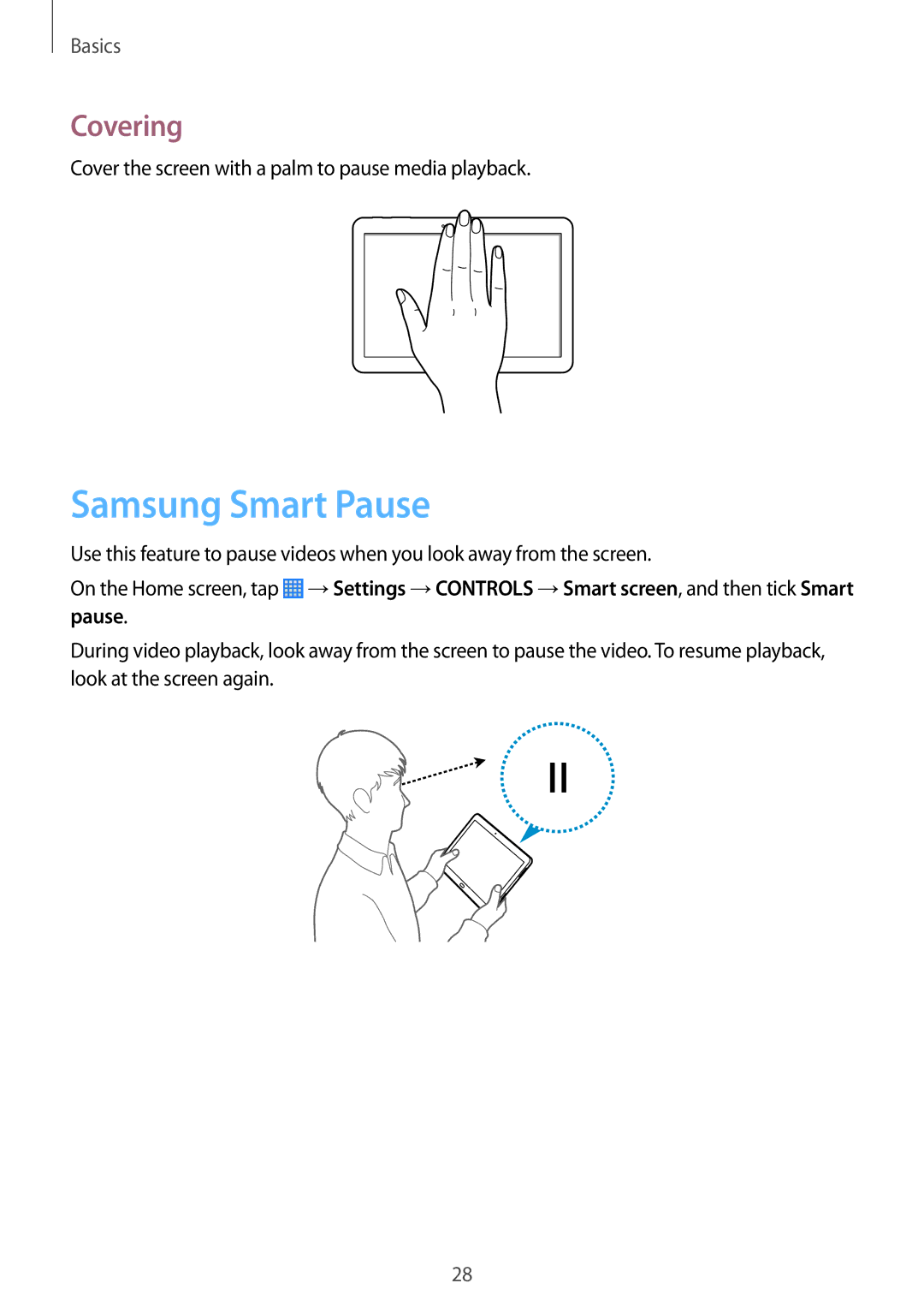 Samsung SM-P6010ZWEMGF, SM-P6010ZKAXXV, SM-P6010ZWAXXV, SM-P6010ZKESER, SM-P6010ZKAMGF manual Samsung Smart Pause, Covering 