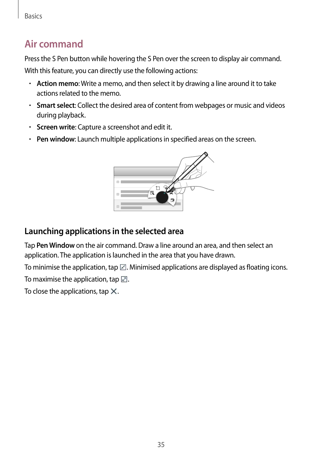 Samsung SM-P6010ZKEMGF, SM-P6010ZKAXXV, SM-P6010ZWAXXV manual Air command, Launching applications in the selected area 