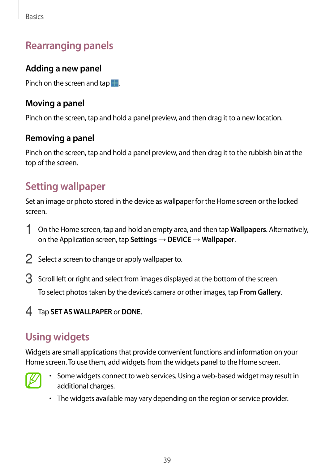 Samsung SM-P6010ZWASER, SM-P6010ZKAXXV, SM-P6010ZWAXXV, SM-P6010ZKESER Rearranging panels, Setting wallpaper, Using widgets 