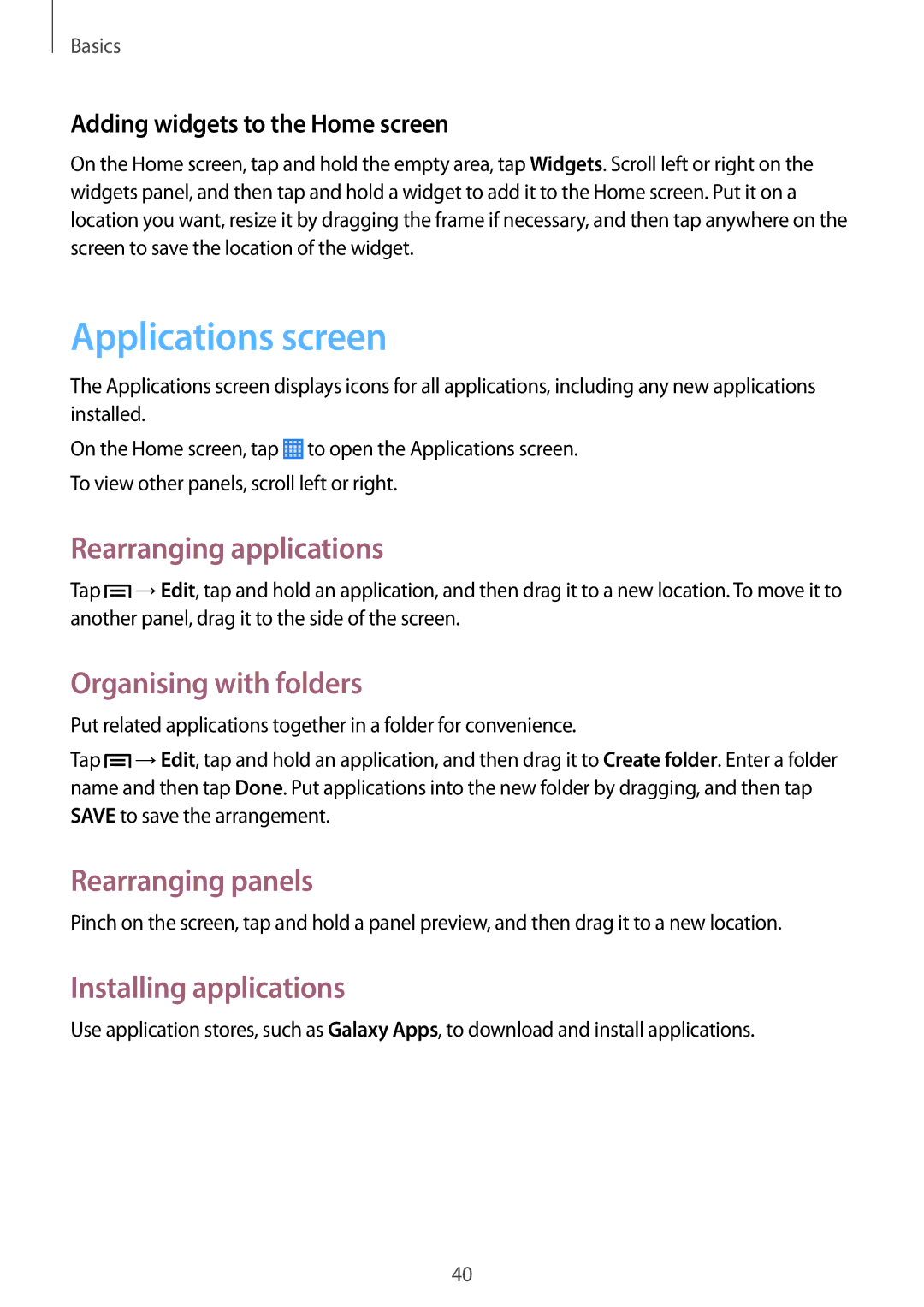 Samsung SM-P6010ZKAXXV Applications screen, Rearranging applications, Organising with folders, Installing applications 