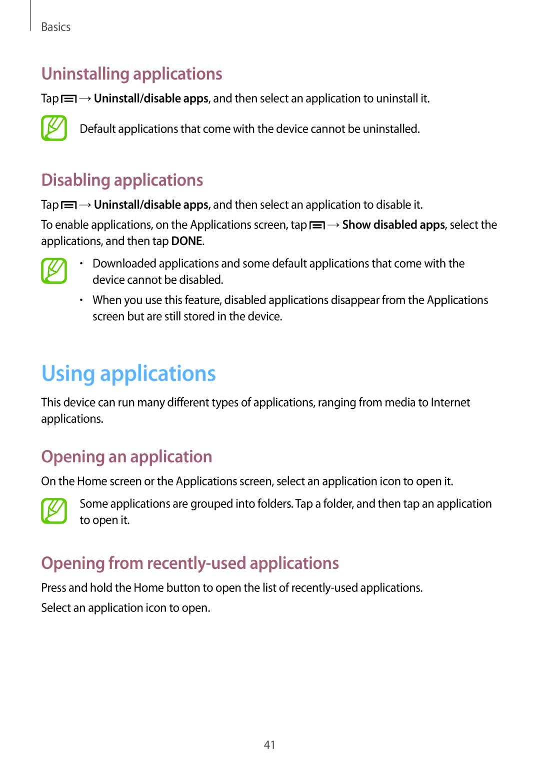 Samsung SM-P6010ZWAXXV manual Using applications, Uninstalling applications, Disabling applications, Opening an application 