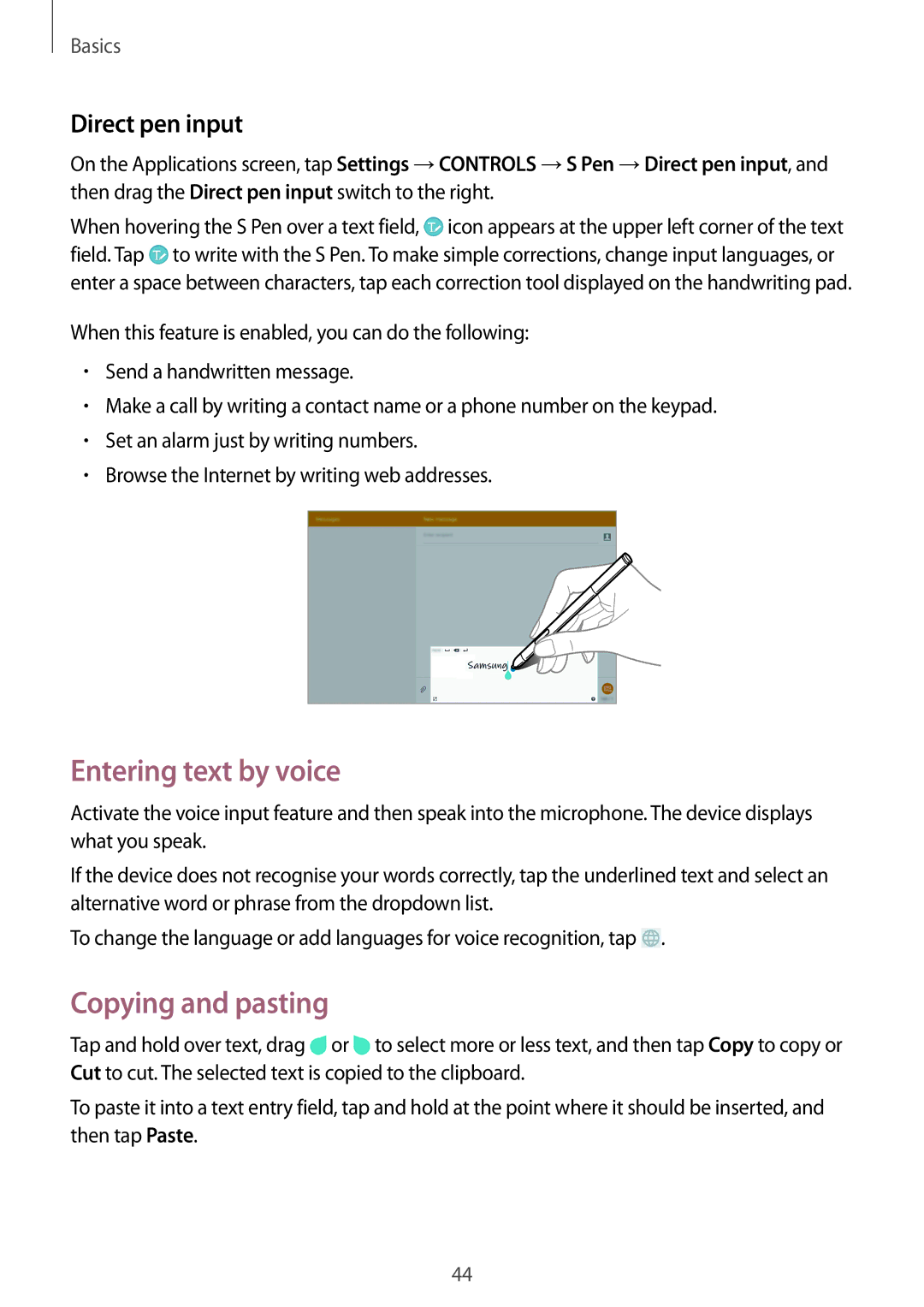 Samsung SM-P6010ZKASER, SM-P6010ZKAXXV, SM-P6010ZWAXXV manual Entering text by voice, Copying and pasting, Direct pen input 