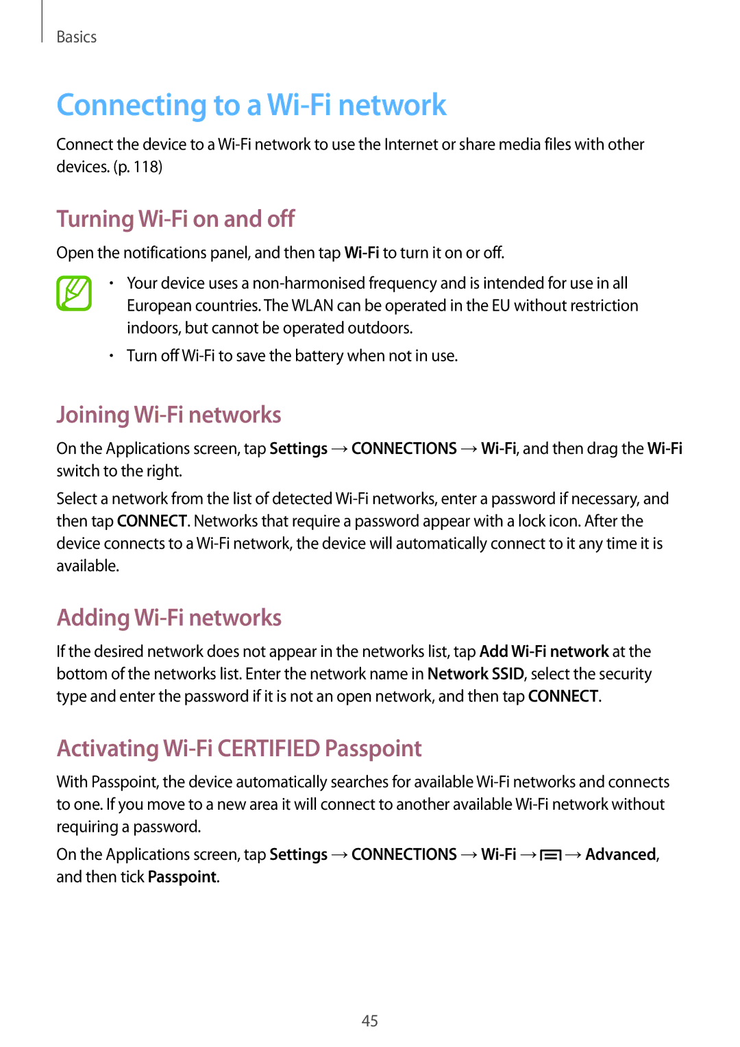 Samsung SM-P6010ZKEMGF, SM-P6010ZKAXXV Connecting to a Wi-Fi network, Turning Wi-Fi on and off, Joining Wi-Fi networks 