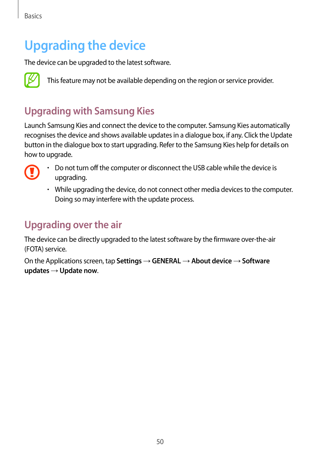 Samsung SM-P6010ZKAXXV, SM-P6010ZWAXXV manual Upgrading the device, Upgrading with Samsung Kies, Upgrading over the air 