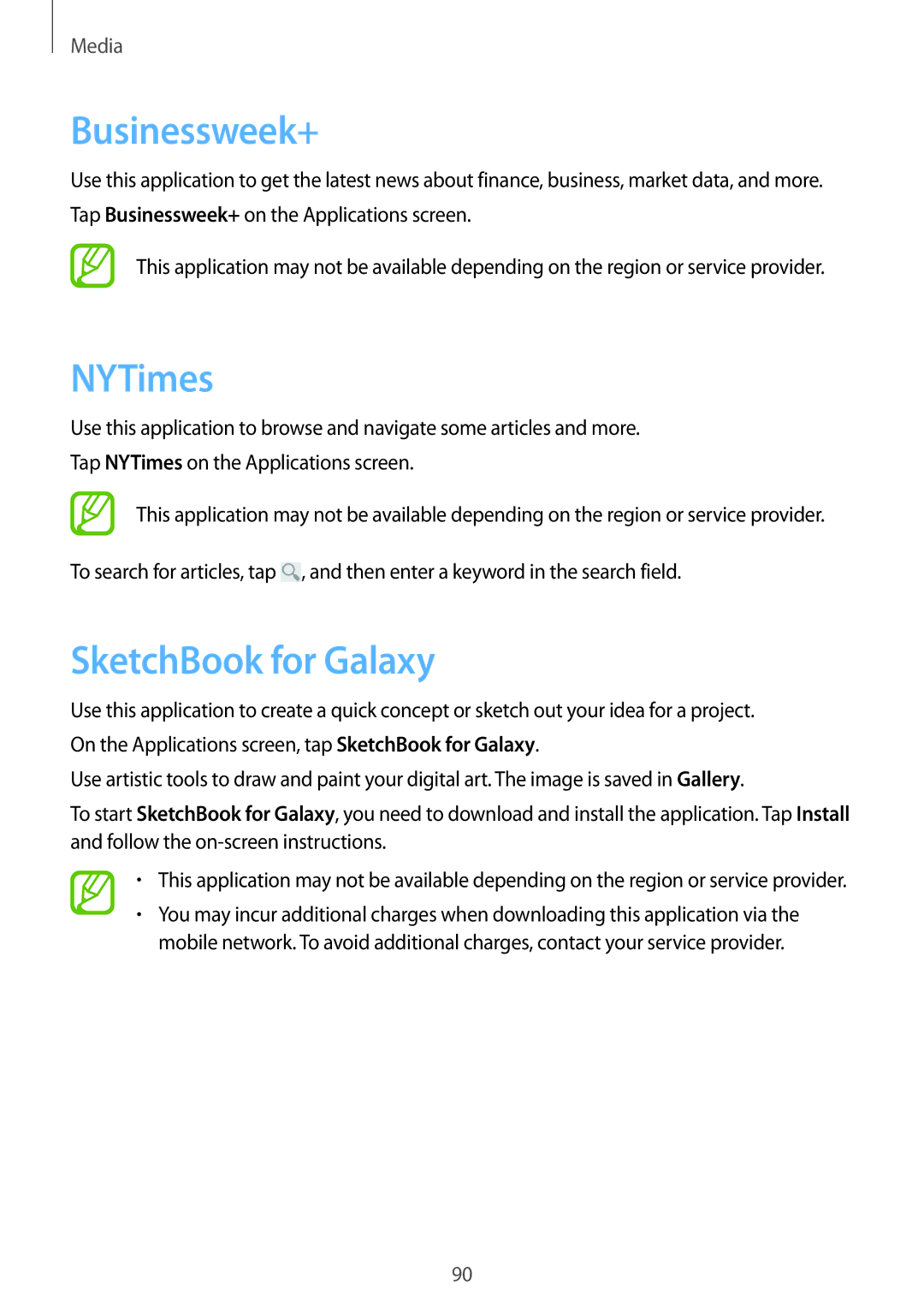 Samsung SM-P6010ZKAXXV, SM-P6010ZWAXXV, SM-P6010ZKESER, SM-P6010ZKAMGF manual Businessweek+, NYTimes, SketchBook for Galaxy 