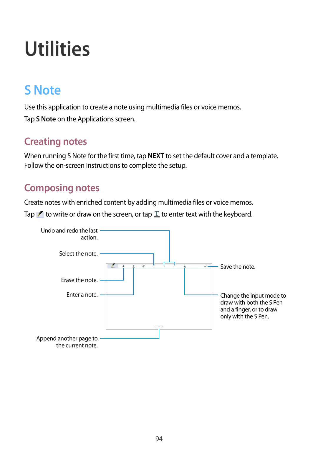 Samsung SM-P6010ZKASER, SM-P6010ZKAXXV, SM-P6010ZWAXXV, SM-P6010ZKESER manual Utilities, Creating notes, Composing notes 