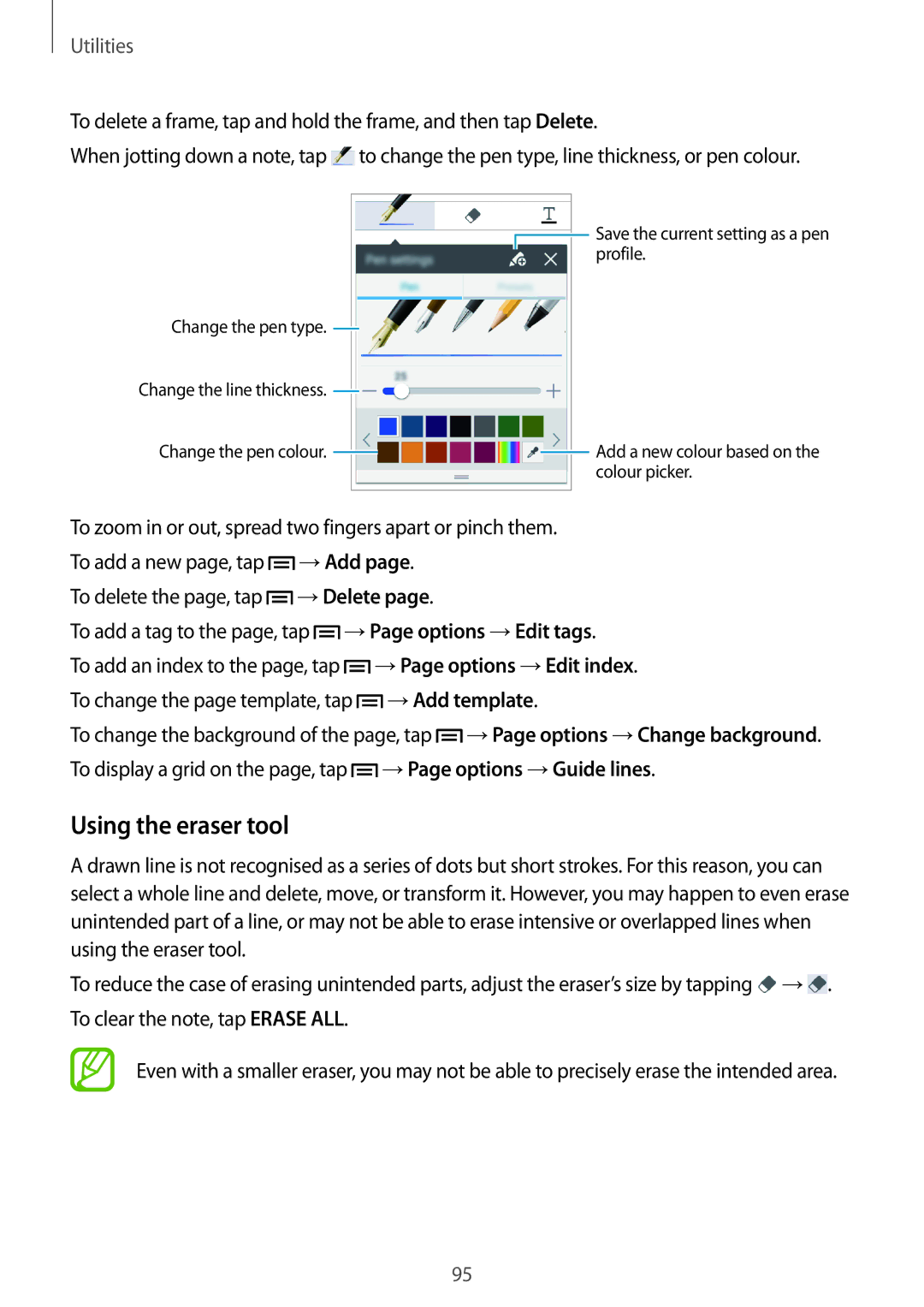 Samsung SM-P6010ZKEMGF, SM-P6010ZKAXXV, SM-P6010ZWAXXV, SM-P6010ZKESER, SM-P6010ZKAMGF manual Using the eraser tool, Utilities 