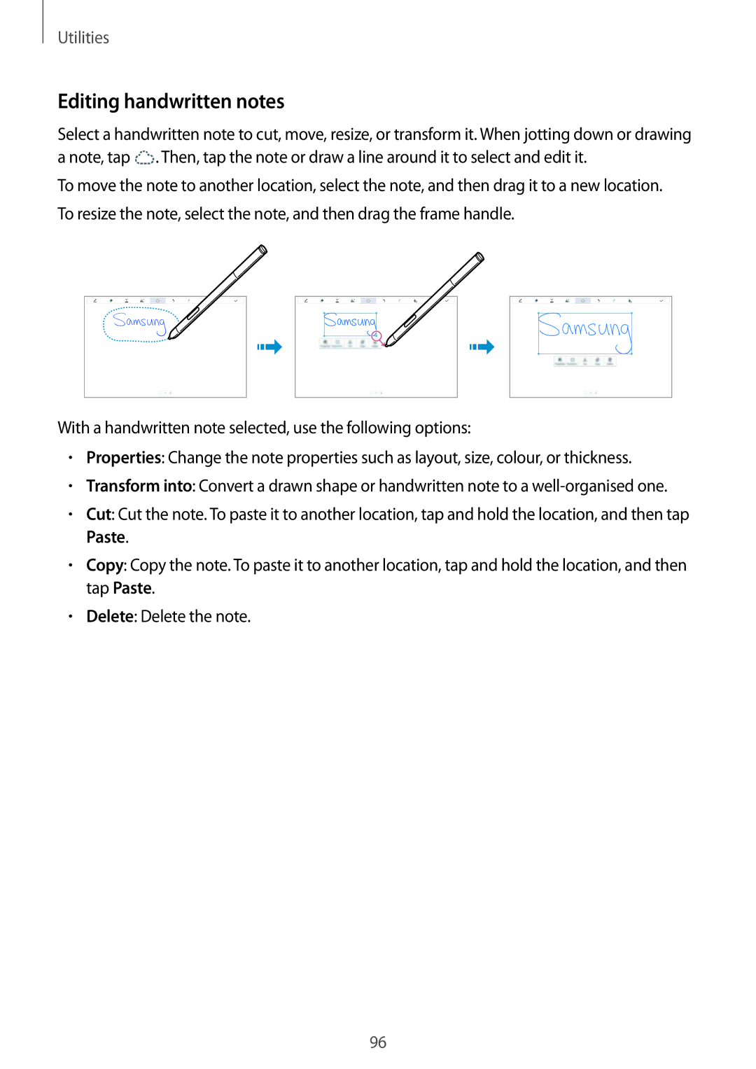 Samsung SM-P6010ZWAMGF, SM-P6010ZKAXXV, SM-P6010ZWAXXV, SM-P6010ZKESER, SM-P6010ZKAMGF manual Editing handwritten notes 