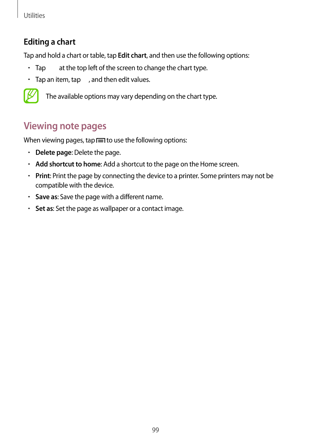 Samsung SM-P6010ZWASER, SM-P6010ZKAXXV, SM-P6010ZWAXXV, SM-P6010ZKESER, SM-P6010ZKAMGF Viewing note pages, Editing a chart 