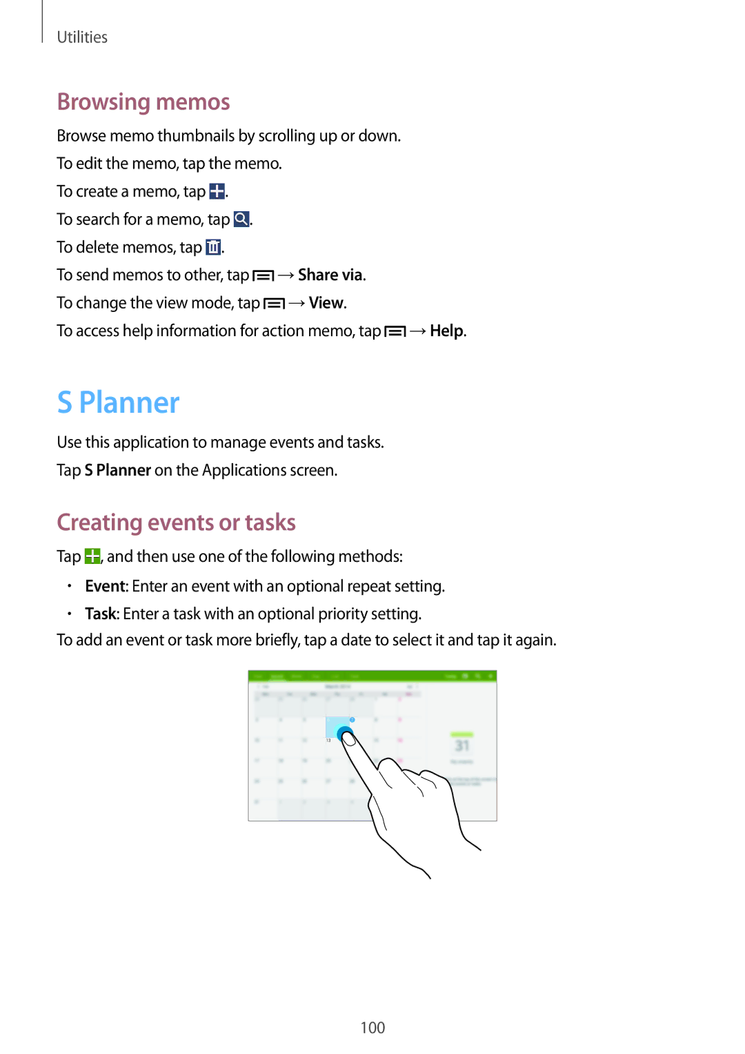 Samsung SM-P6010ZKAXXV, SM-P6010ZWAXXV, SM-P6010ZKESER, SM-P6010ZKAMGF Planner, Browsing memos, Creating events or tasks 