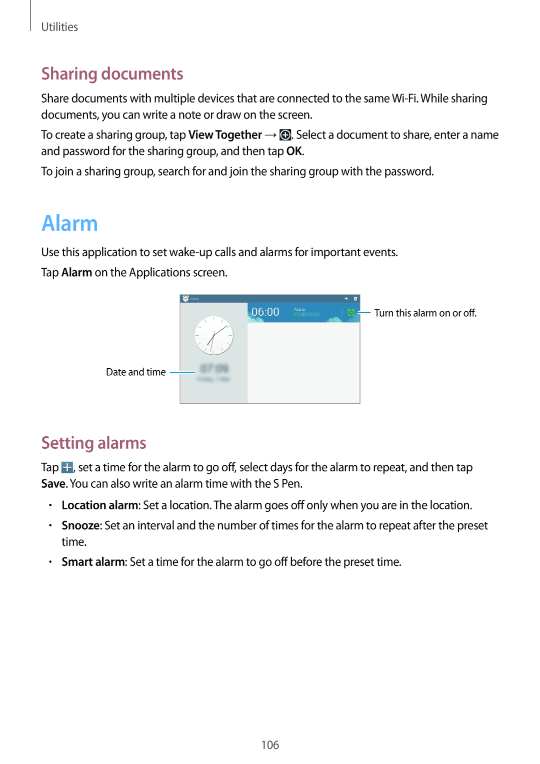 Samsung SM-P6010ZWAMGF, SM-P6010ZKAXXV, SM-P6010ZWAXXV, SM-P6010ZKESER manual Alarm, Sharing documents, Setting alarms 