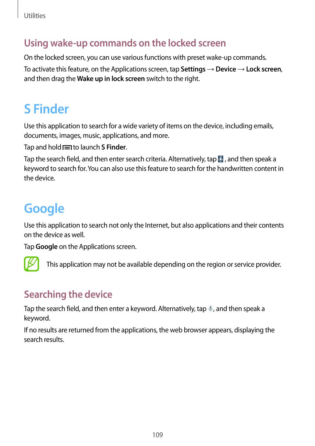 Samsung SM-P6010ZWASER, SM-P6010ZKAXXV Finder, Google, Using wake-up commands on the locked screen, Searching the device 