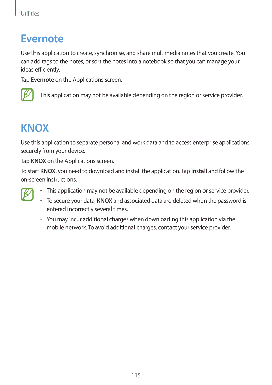 Samsung SM-P6010ZKEMGF, SM-P6010ZKAXXV, SM-P6010ZWAXXV, SM-P6010ZKESER, SM-P6010ZKAMGF, SM-P6010ZKASER manual Evernote, Knox 