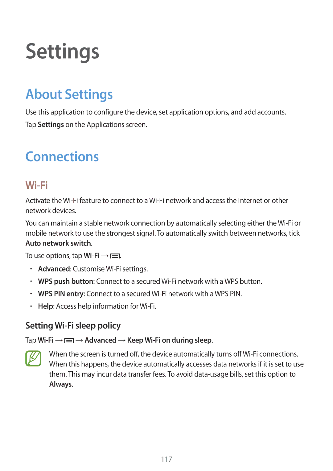 Samsung SM-P6010ZWESER, SM-P6010ZKAXXV, SM-P6010ZWAXXV manual About Settings, Connections, Setting Wi-Fi sleep policy 