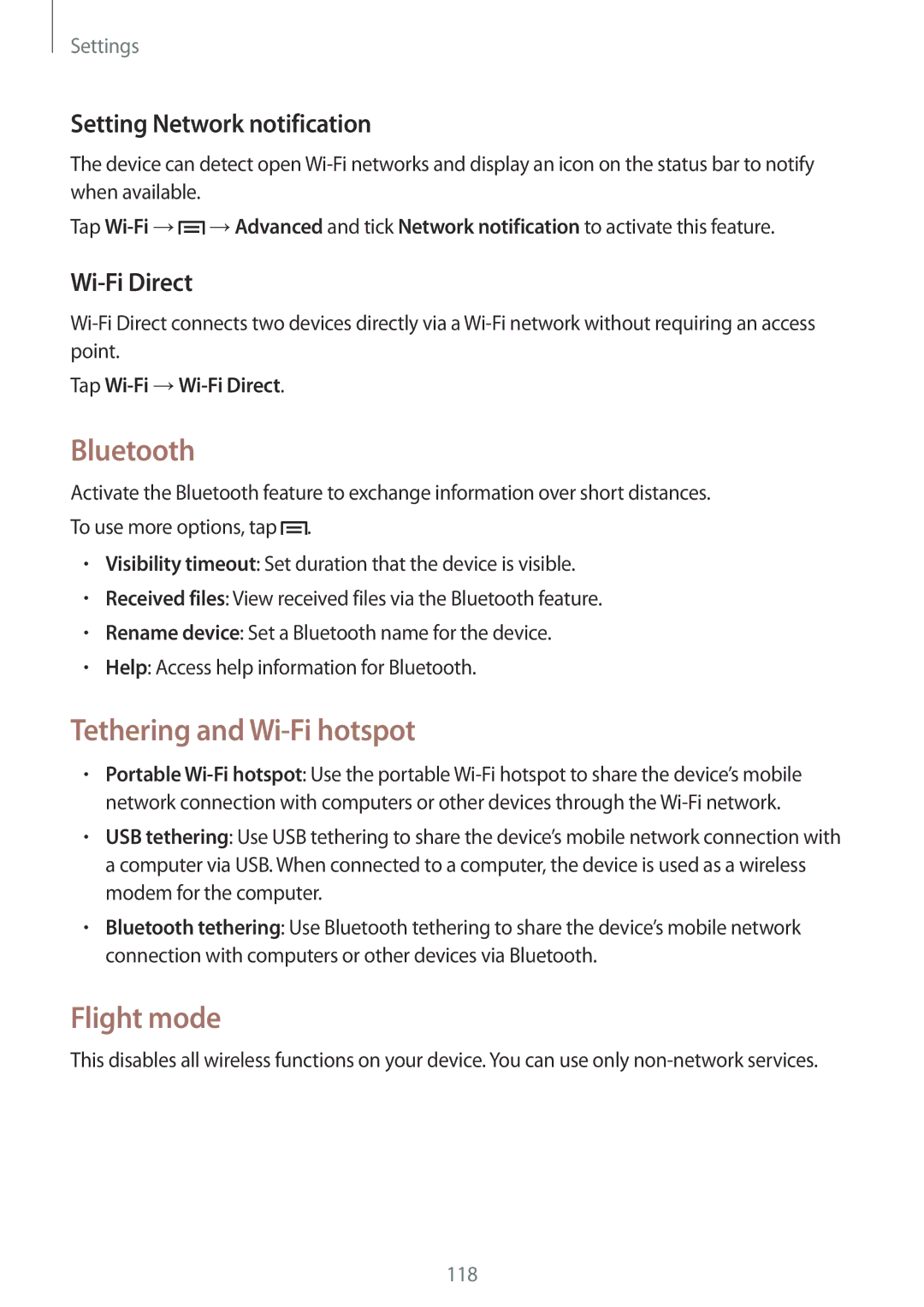 Samsung SM-P6010ZWEMGF Bluetooth, Tethering and Wi-Fi hotspot, Flight mode, Setting Network notification, Wi-Fi Direct 