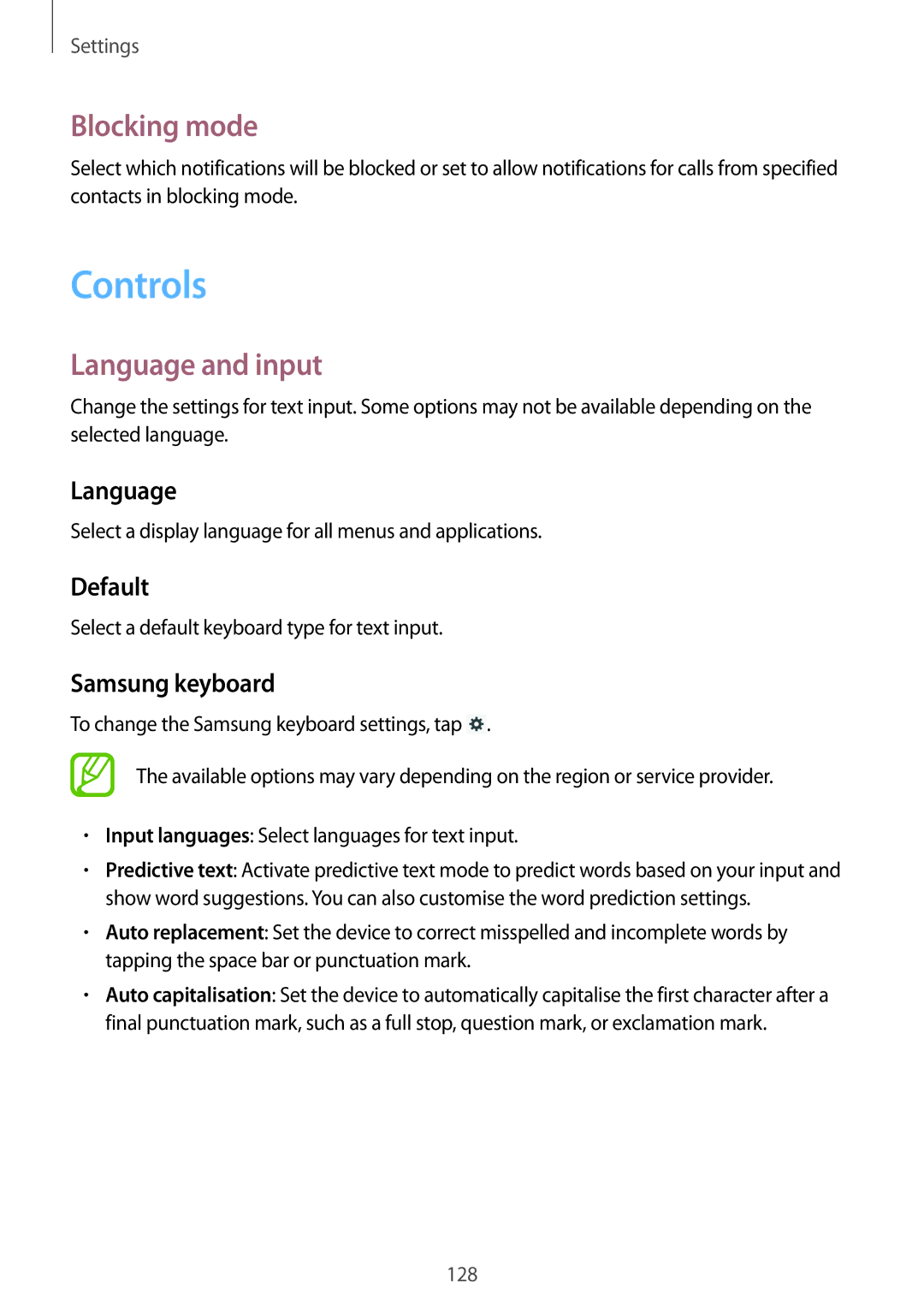 Samsung SM-P6010ZWEMGF, SM-P6010ZKAXXV, SM-P6010ZWAXXV, SM-P6010ZKESER manual Controls, Blocking mode, Language and input 