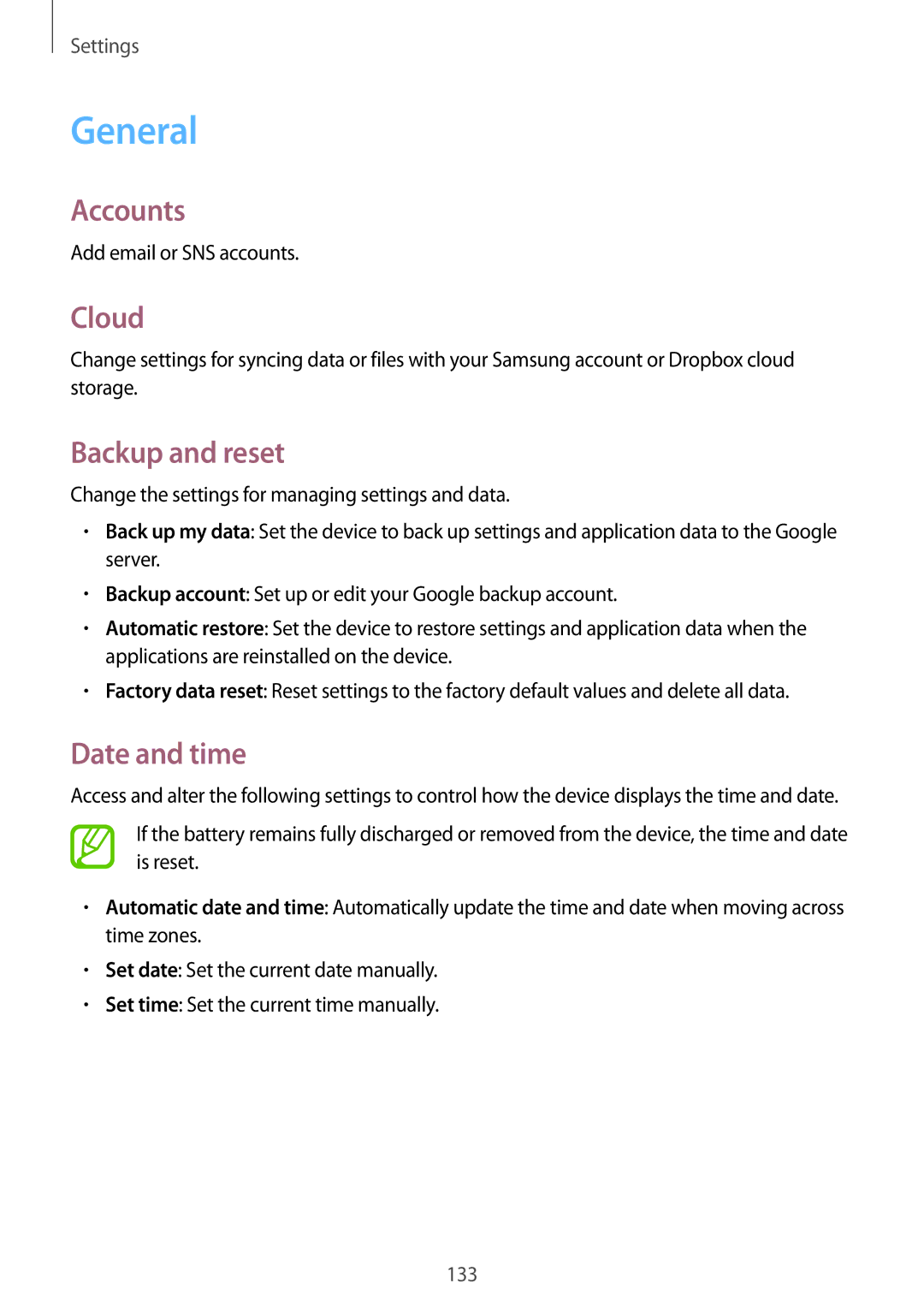 Samsung SM-P6010ZKAMGF, SM-P6010ZKAXXV, SM-P6010ZWAXXV manual General, Accounts, Cloud, Backup and reset, Date and time 