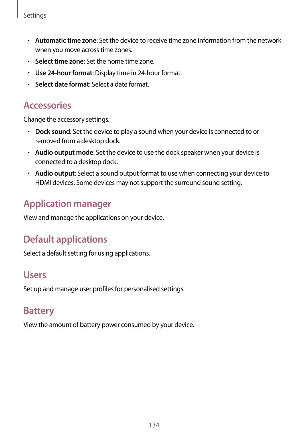 Samsung SM-P6010ZKASER, SM-P6010ZKAXXV manual Accessories, Application manager, Default applications, Users, Battery 