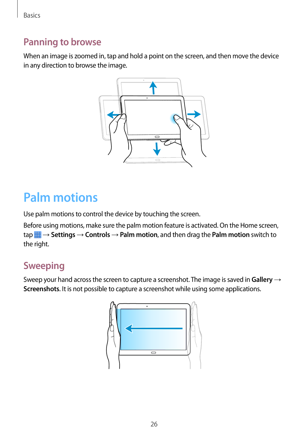 Samsung SM-P6010ZWAMGF, SM-P6010ZKAXXV, SM-P6010ZWAXXV, SM-P6010ZKESER manual Palm motions, Panning to browse, Sweeping 