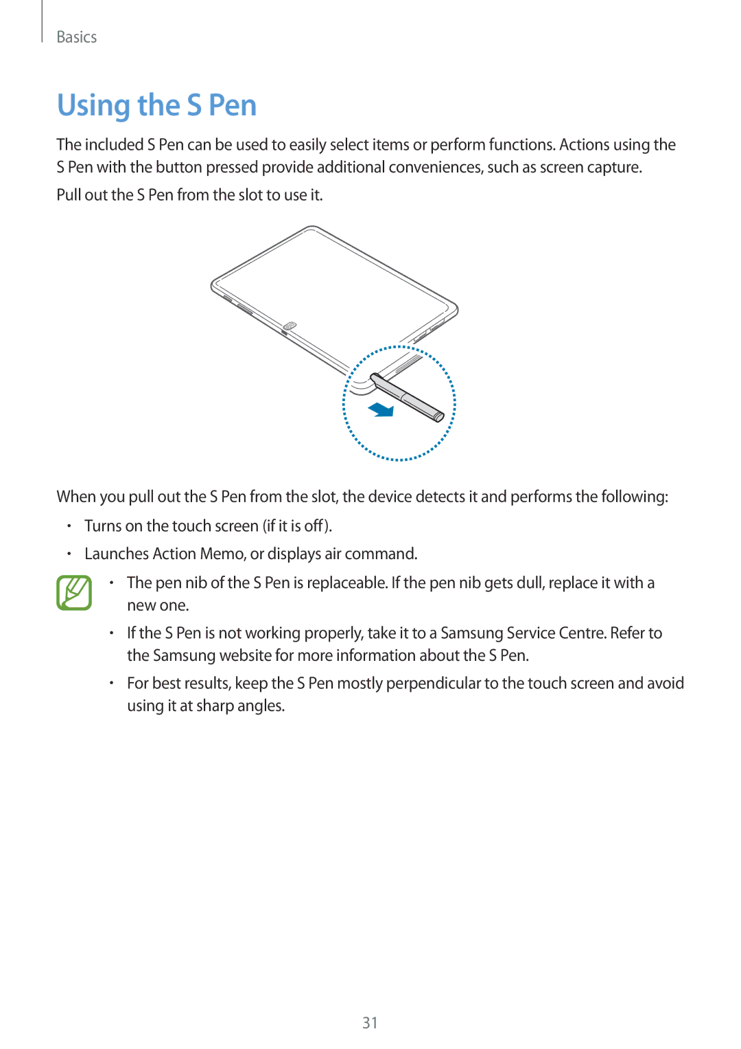 Samsung SM-P6010ZWAXXV, SM-P6010ZKAXXV, SM-P6010ZKESER manual Using the S Pen, Pull out the S Pen from the slot to use it 