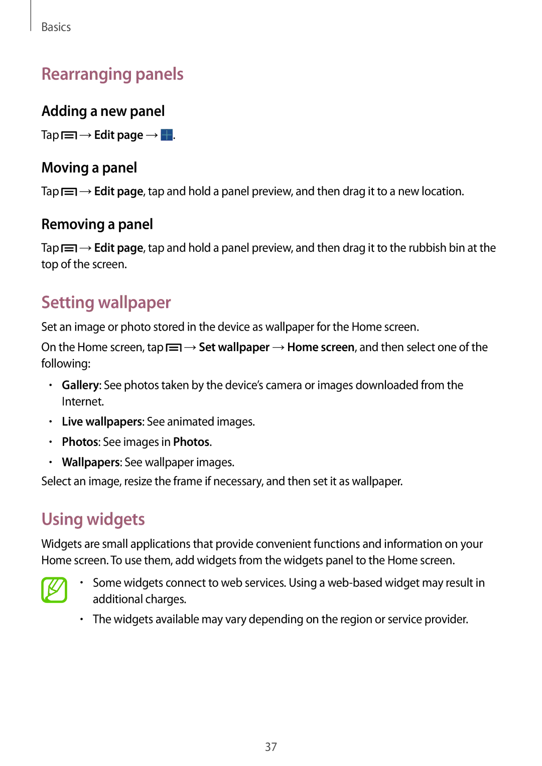 Samsung SM-P6010ZWESER, SM-P6010ZKAXXV, SM-P6010ZWAXXV, SM-P6010ZKESER Rearranging panels, Setting wallpaper, Using widgets 