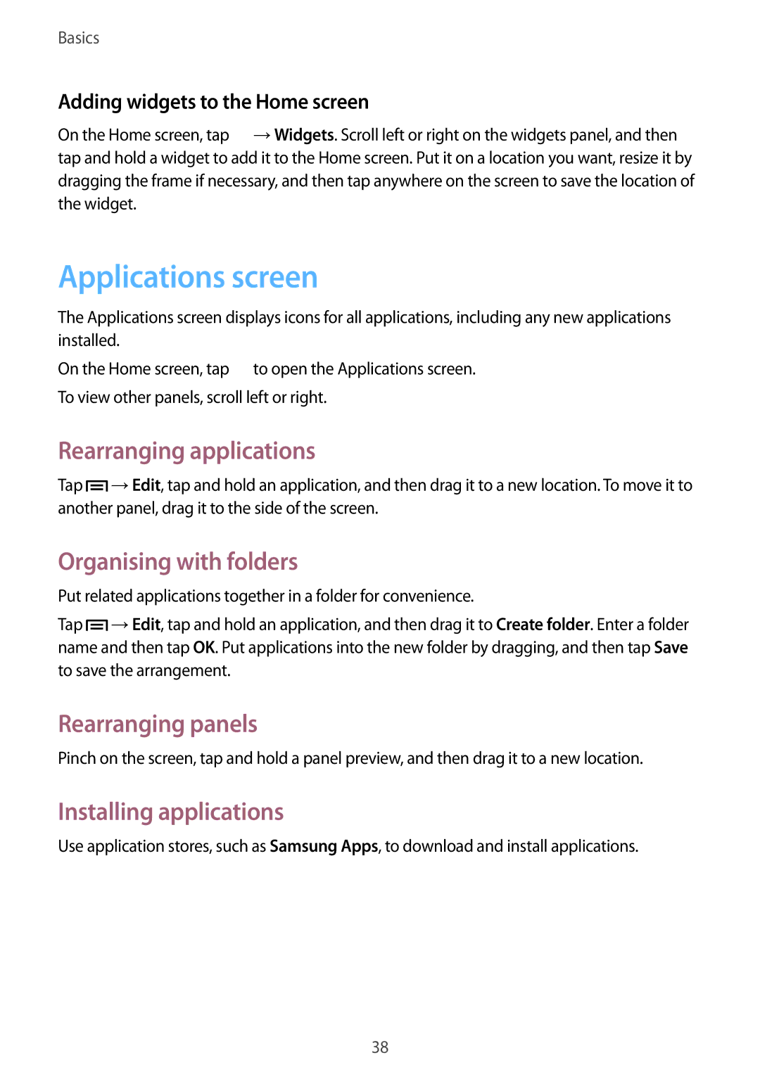 Samsung SM-P6010ZWEMGF Applications screen, Rearranging applications, Organising with folders, Installing applications 