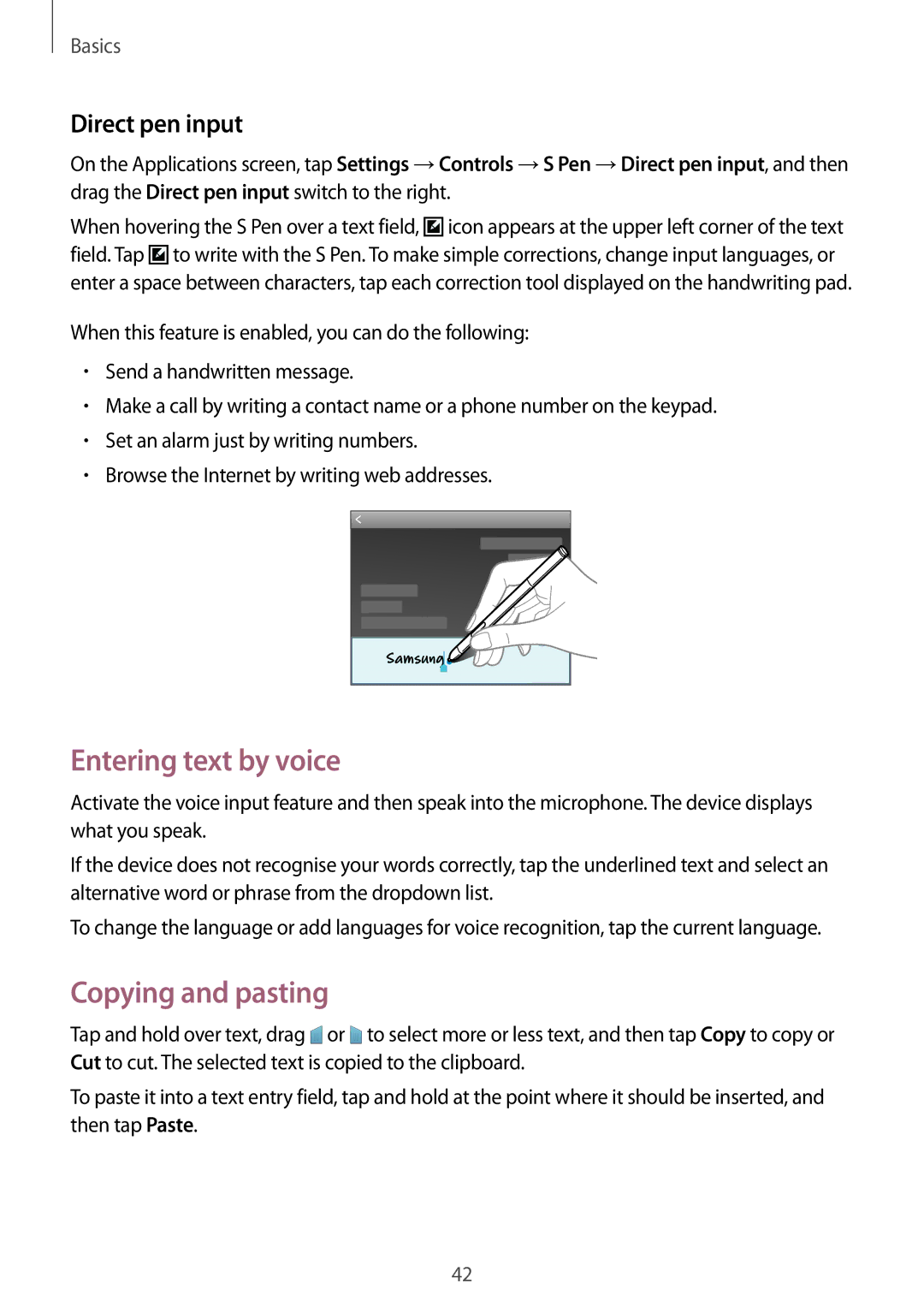 Samsung SM-P6010ZKESER, SM-P6010ZKAXXV, SM-P6010ZWAXXV manual Entering text by voice, Copying and pasting, Direct pen input 