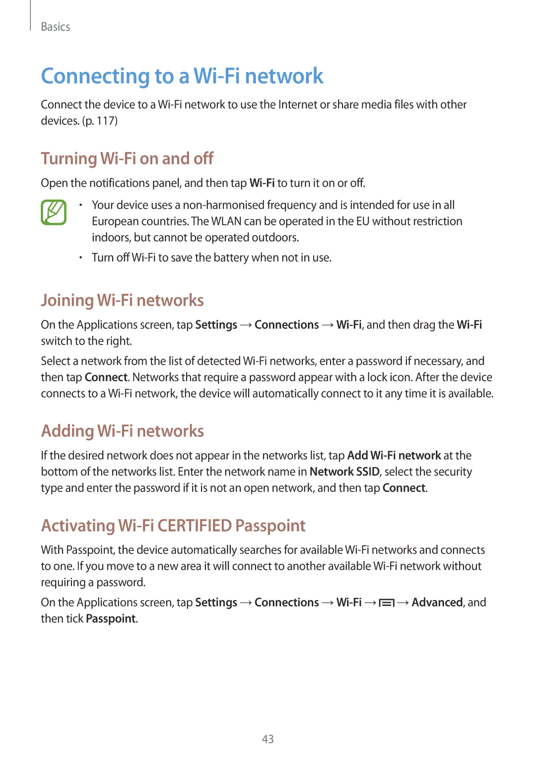 Samsung SM-P6010ZKAMGF, SM-P6010ZKAXXV Connecting to a Wi-Fi network, Turning Wi-Fi on and off, Joining Wi-Fi networks 