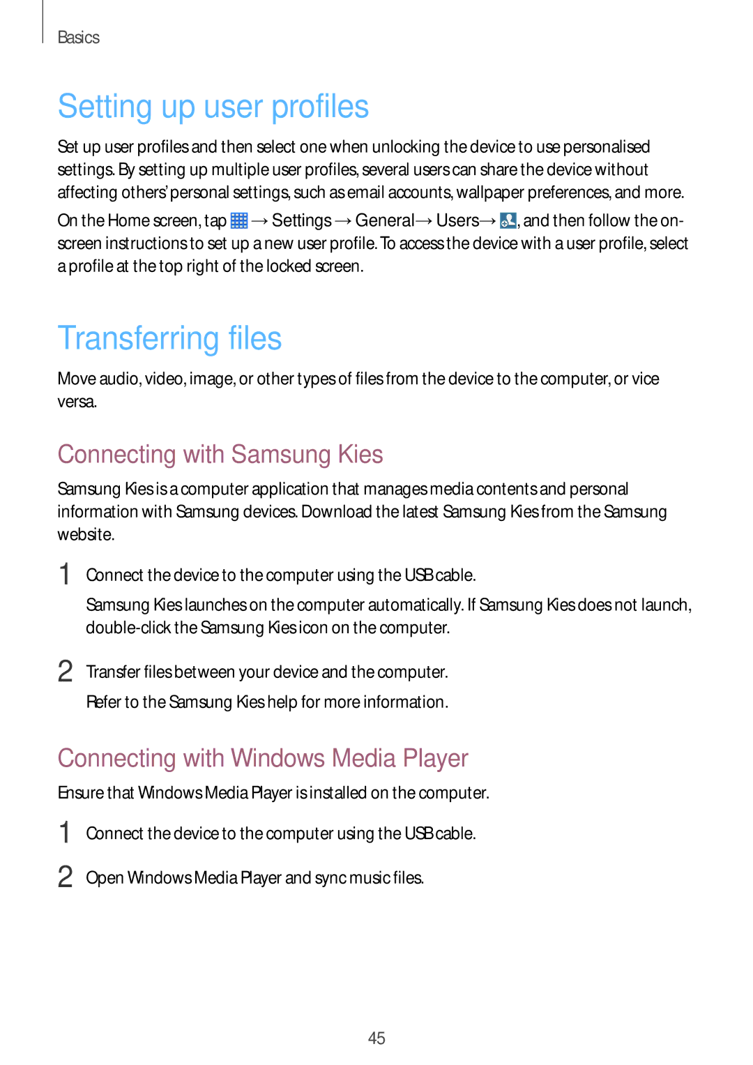 Samsung SM-P6010ZKEMGF, SM-P6010ZKAXXV manual Setting up user profiles, Transferring files, Connecting with Samsung Kies 