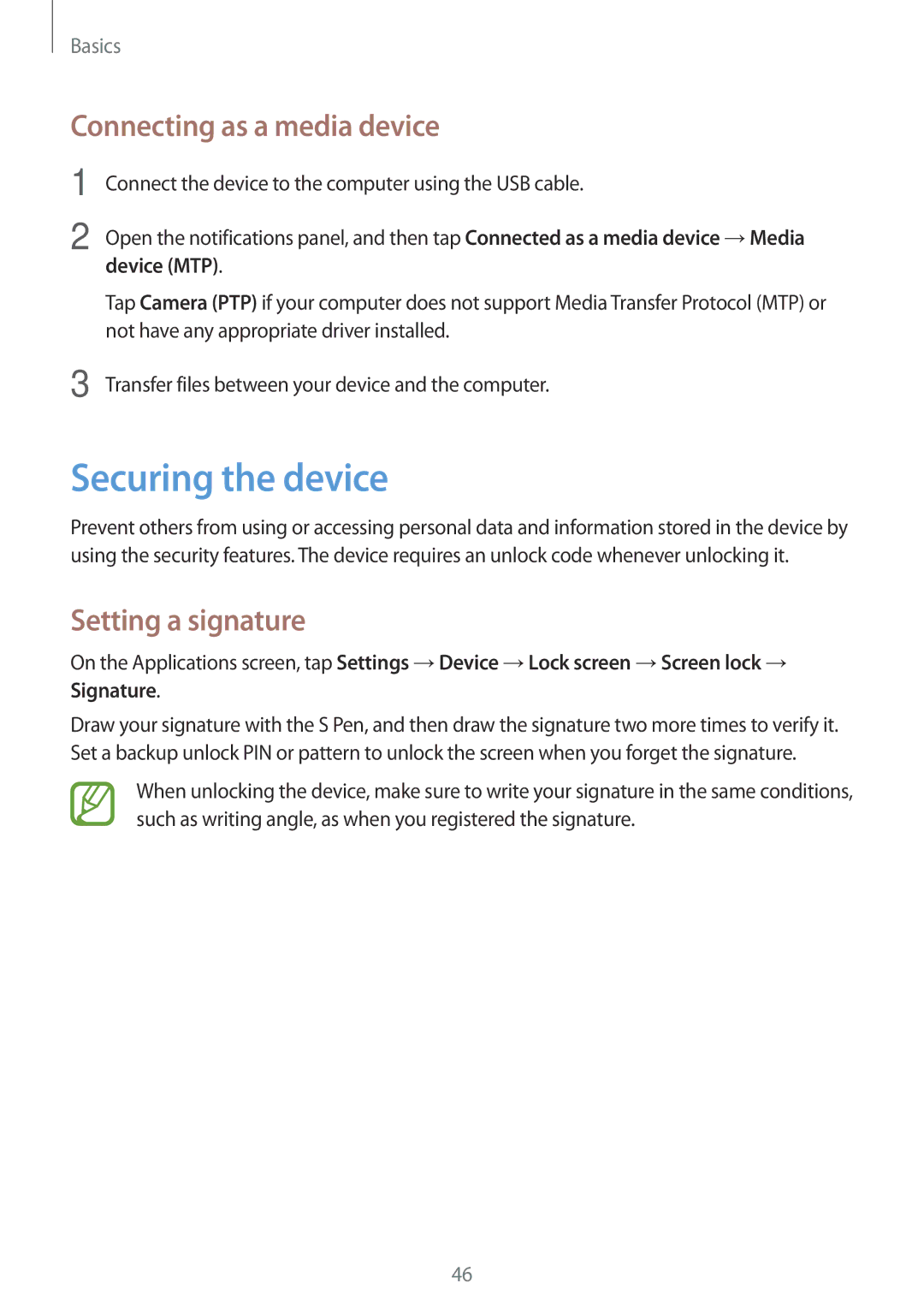 Samsung SM-P6010ZWAMGF, SM-P6010ZKAXXV Securing the device, Connecting as a media device, Setting a signature, Device MTP 