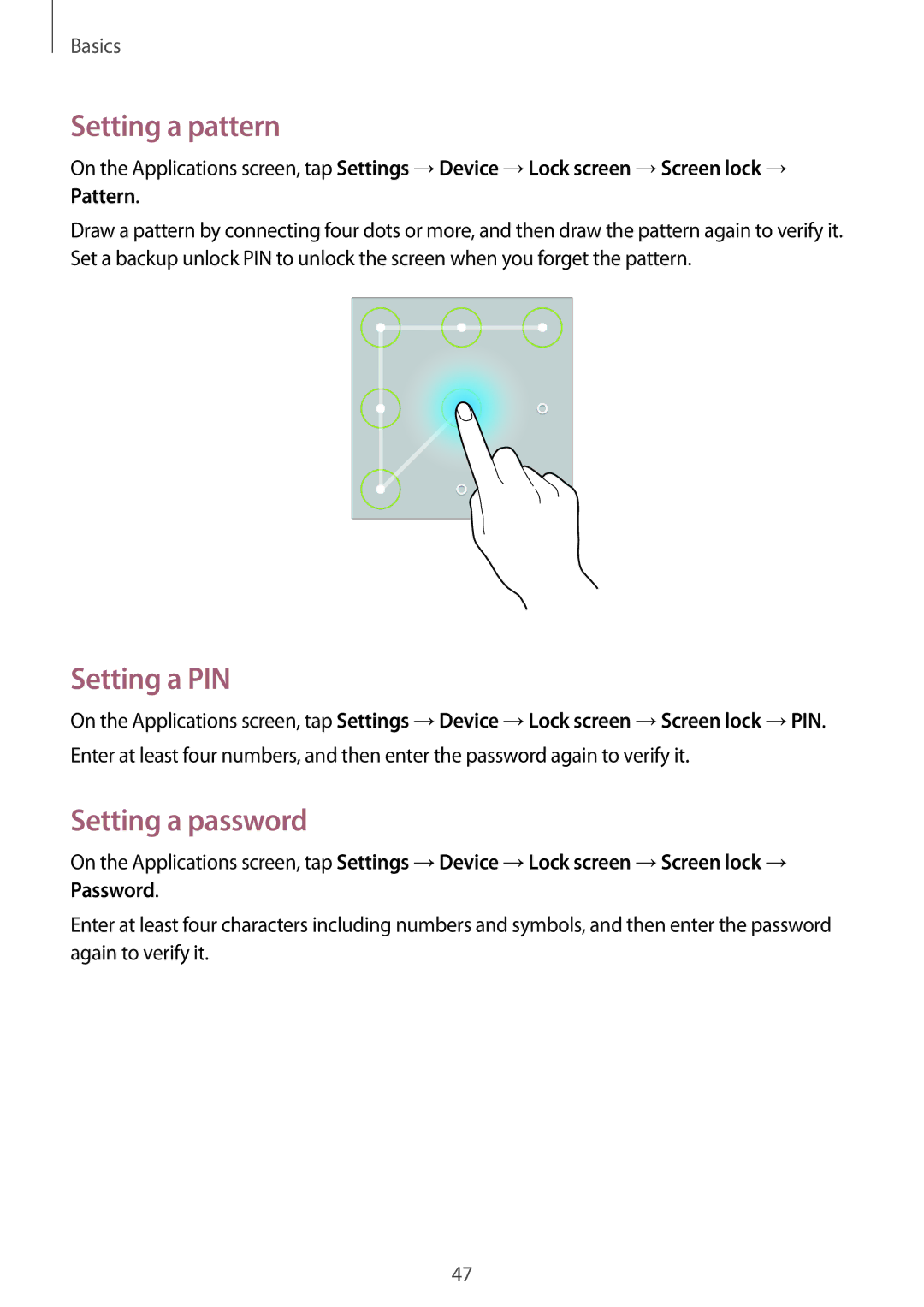 Samsung SM-P6010ZWESER, SM-P6010ZKAXXV, SM-P6010ZWAXXV, SM-P6010ZKESER Setting a pattern, Setting a PIN, Setting a password 