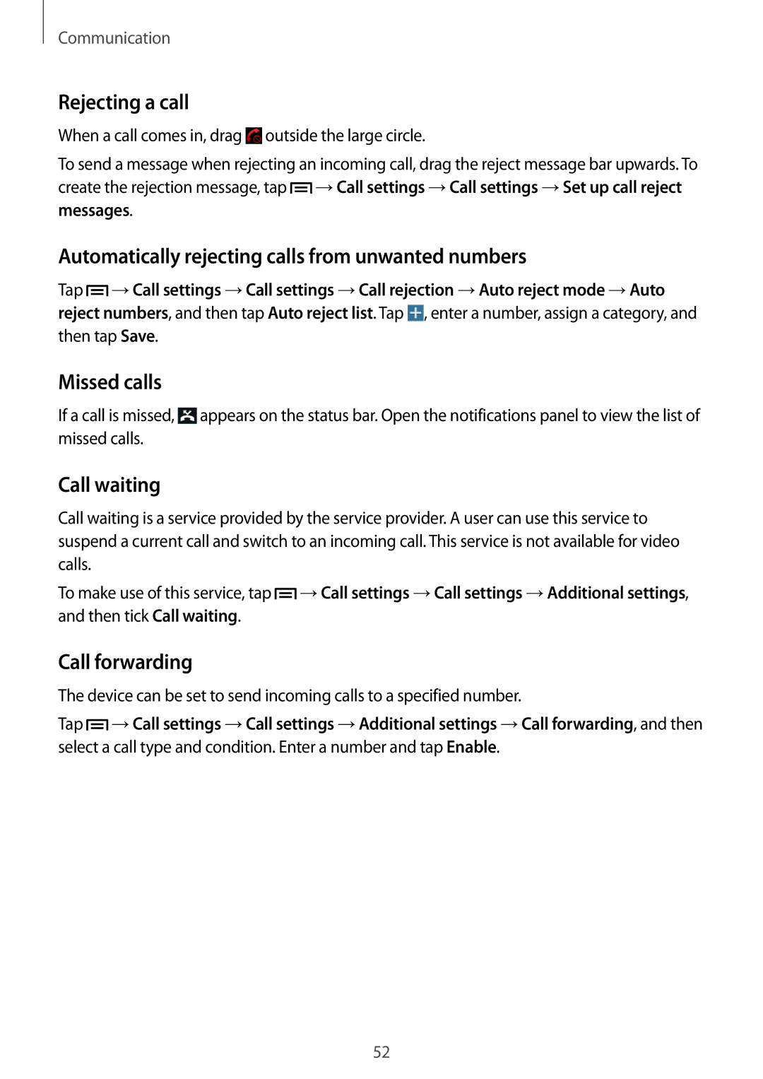 Samsung SM-P6010ZKESER Rejecting a call, Automatically rejecting calls from unwanted numbers, Missed calls, Call waiting 