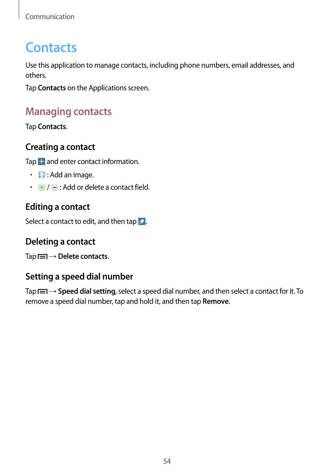 Samsung SM-P6010ZKASER, SM-P6010ZKAXXV, SM-P6010ZWAXXV, SM-P6010ZKESER, SM-P6010ZKAMGF manual Contacts, Managing contacts 