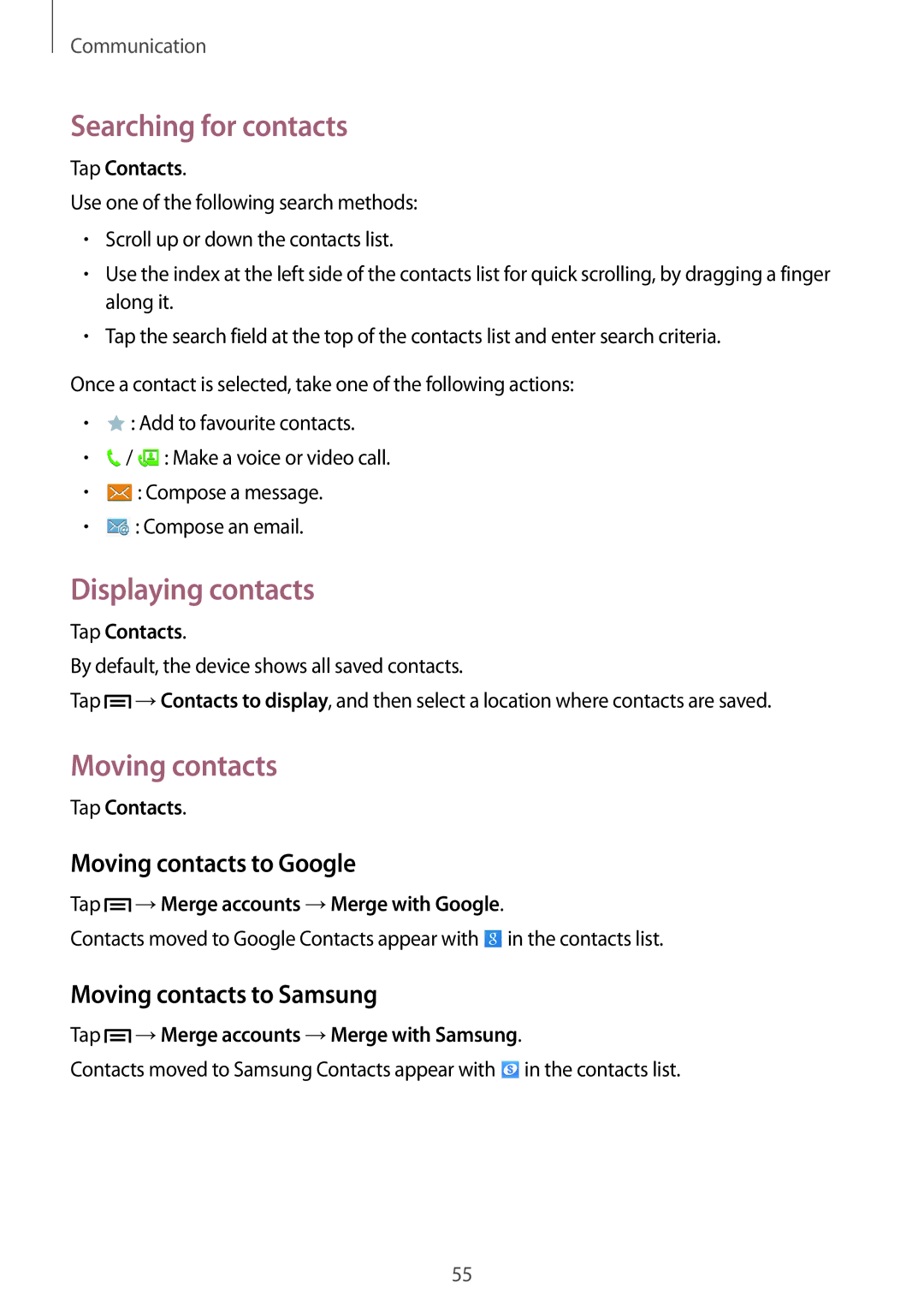 Samsung SM-P6010ZKEMGF, SM-P6010ZKAXXV manual Searching for contacts, Displaying contacts, Moving contacts to Google 