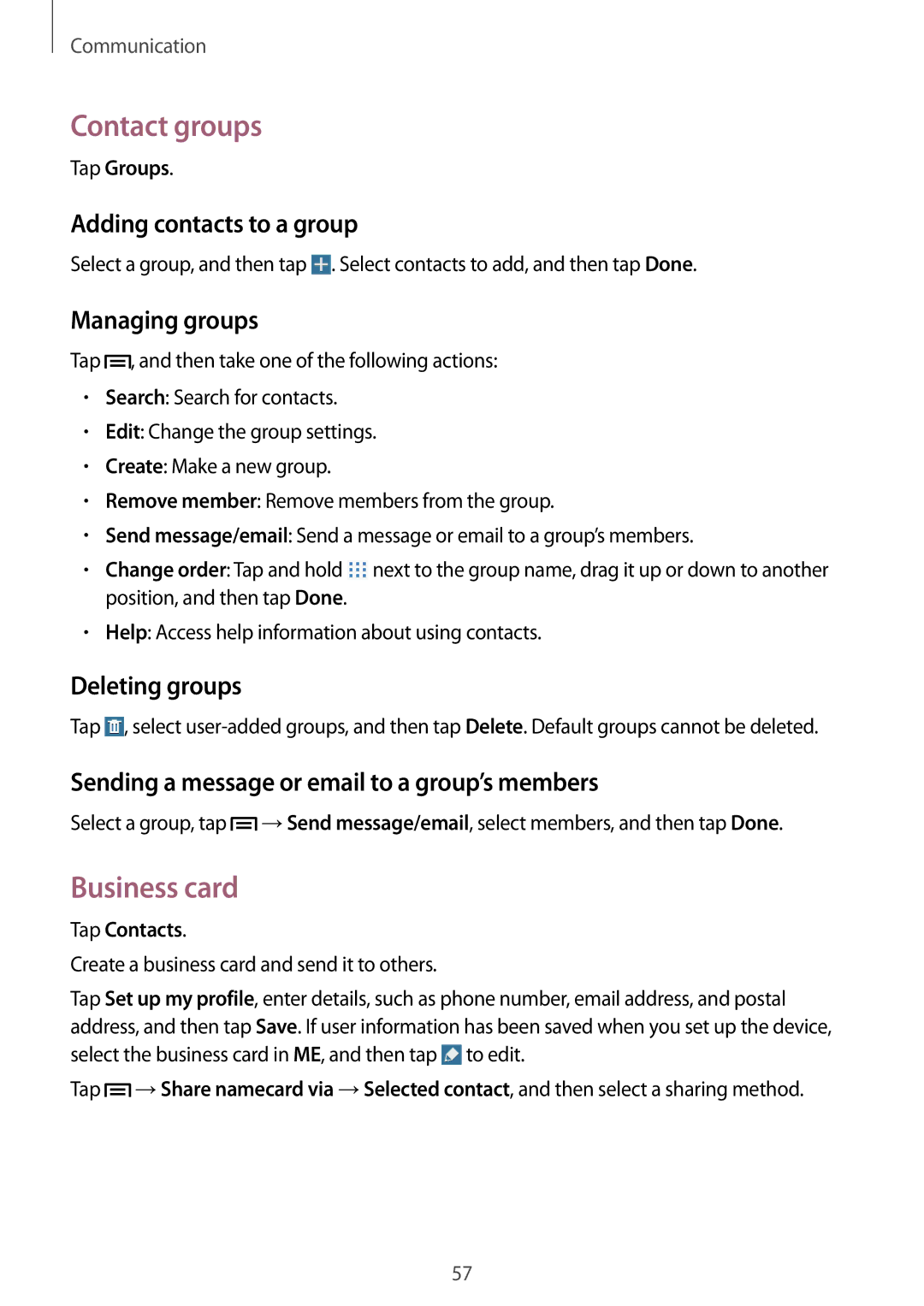 Samsung SM-P6010ZWESER, SM-P6010ZKAXXV, SM-P6010ZWAXXV, SM-P6010ZKESER, SM-P6010ZKAMGF manual Contact groups, Business card 