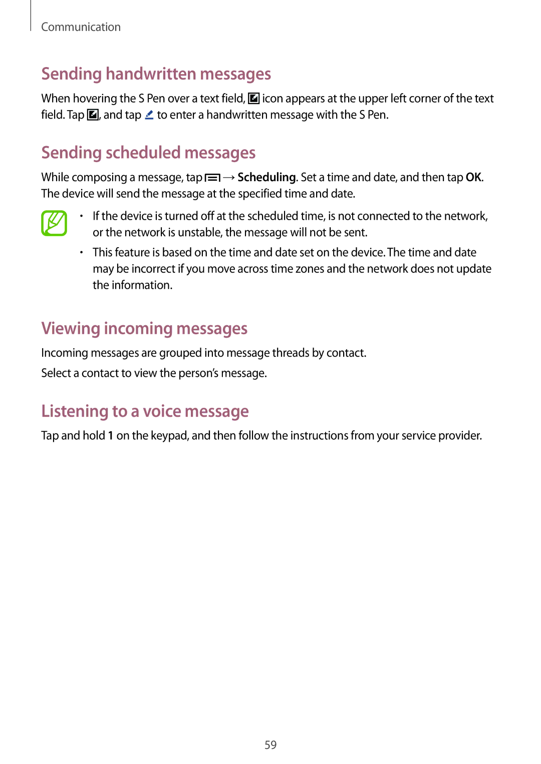 Samsung SM-P6010ZWASER, SM-P6010ZKAXXV Sending handwritten messages, Sending scheduled messages, Viewing incoming messages 