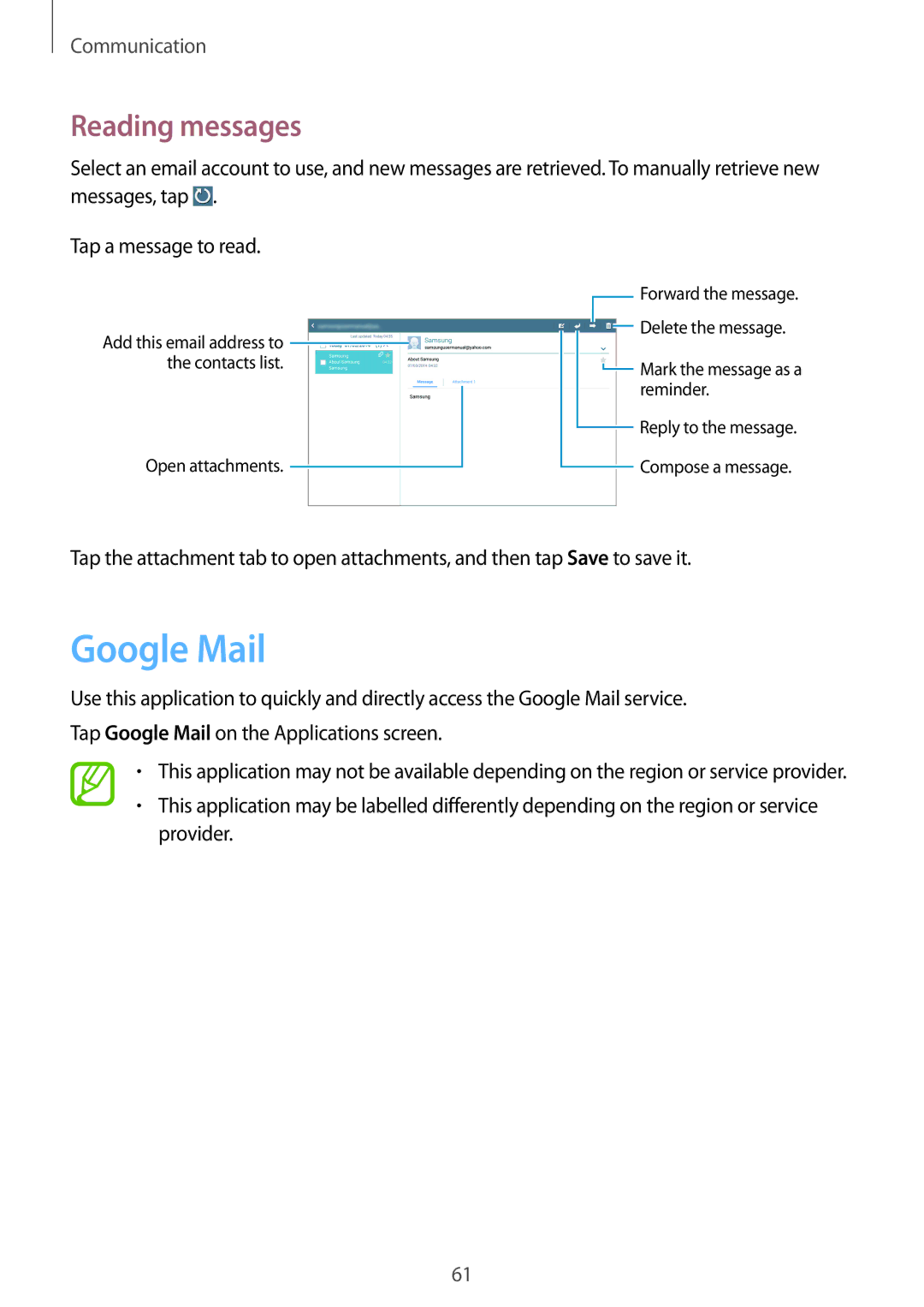 Samsung SM-P6010ZWAXXV, SM-P6010ZKAXXV, SM-P6010ZKESER, SM-P6010ZKAMGF, SM-P6010ZKASER manual Google Mail, Reading messages 