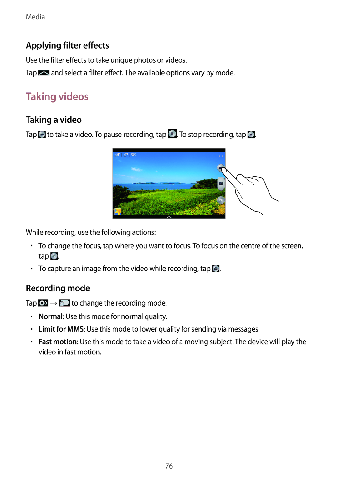 Samsung SM-P6010ZWAMGF, SM-P6010ZKAXXV manual Taking videos, Applying filter effects, Taking a video, Recording mode 