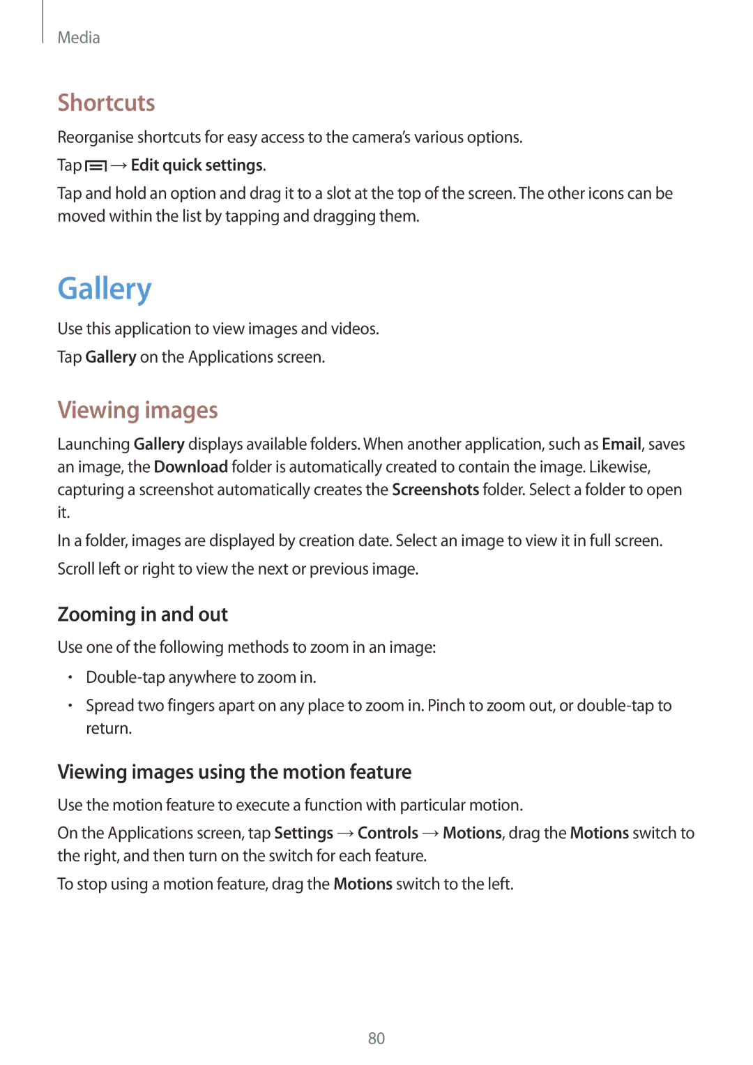 Samsung SM-P6010ZKAXXV, SM-P6010ZWAXXV Gallery, Shortcuts, Zooming in and out, Viewing images using the motion feature 